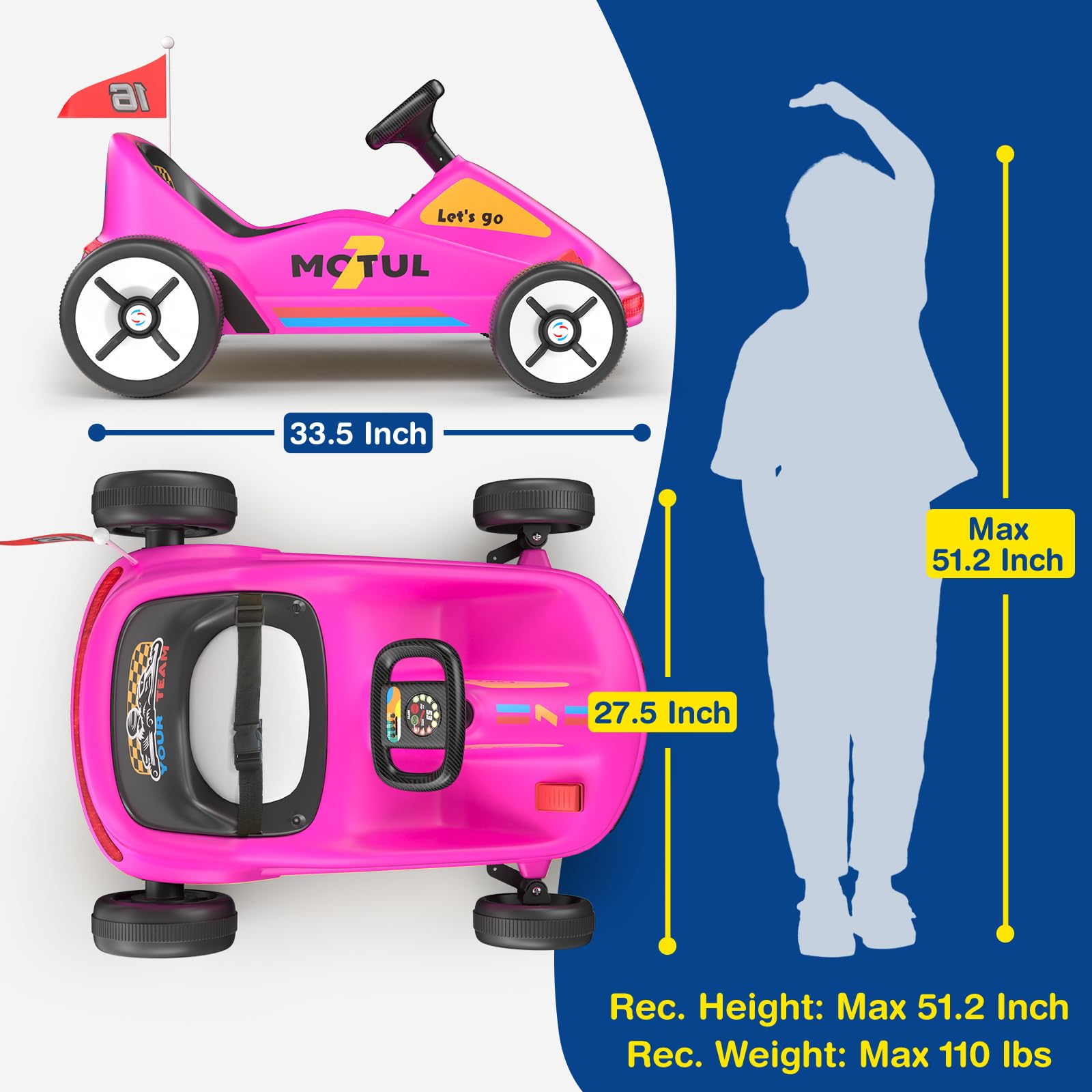 SAT ONE 12V Electric Go Kart for Kids - Quick Assembly Ride-On Car with Flashing Taillights, Bluetooth Music & Remote Control - Perfect for Outdoor Play, Birthday Gifts & First-Time Riders