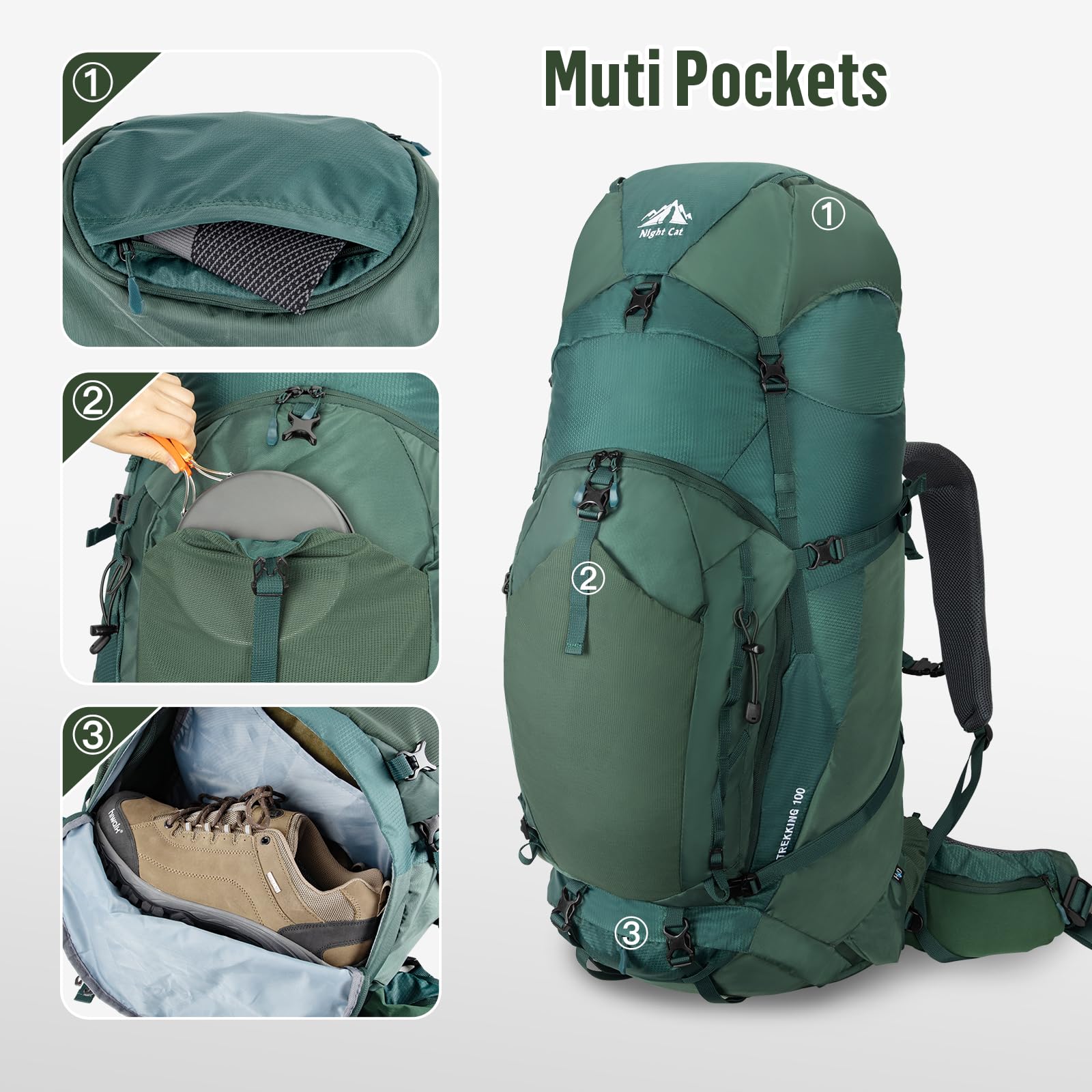 Night Cat 100L Internal Frame Hiking Backpack - Large Waterproof Camping Backpack for Men & Women with Rain Cover - Perfect for Outdoor Adventures, Traveling, and Backpacking Trips