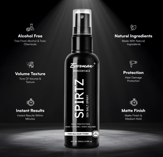 Everman Spirtz Sea Salt Spray for Men - Natural Volumizing & Heat Protectant Hair Styling Spray | Alcohol-Free Texturizer with Strong Hold | 200ml for Thick, Wavy & Curly Hair | Beach Waves & Everyday Styling for Men