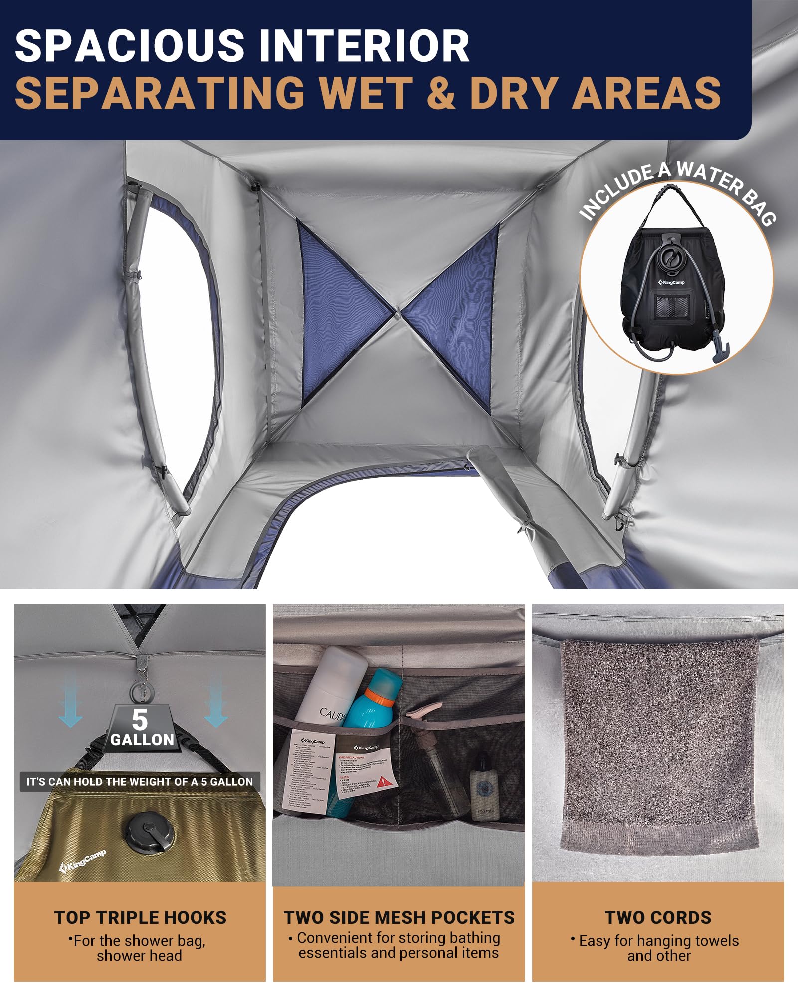 **KingCamp Luxury Camping Shower Tent with Shower Bag - 1 Room & 2 Room Privacy Shelter Toilet Tent for Outdoor Camping, Hiking & Travel**    *(Perfect for Camping Trips, Beach Outings, RV Adventures & Emergency Use)*