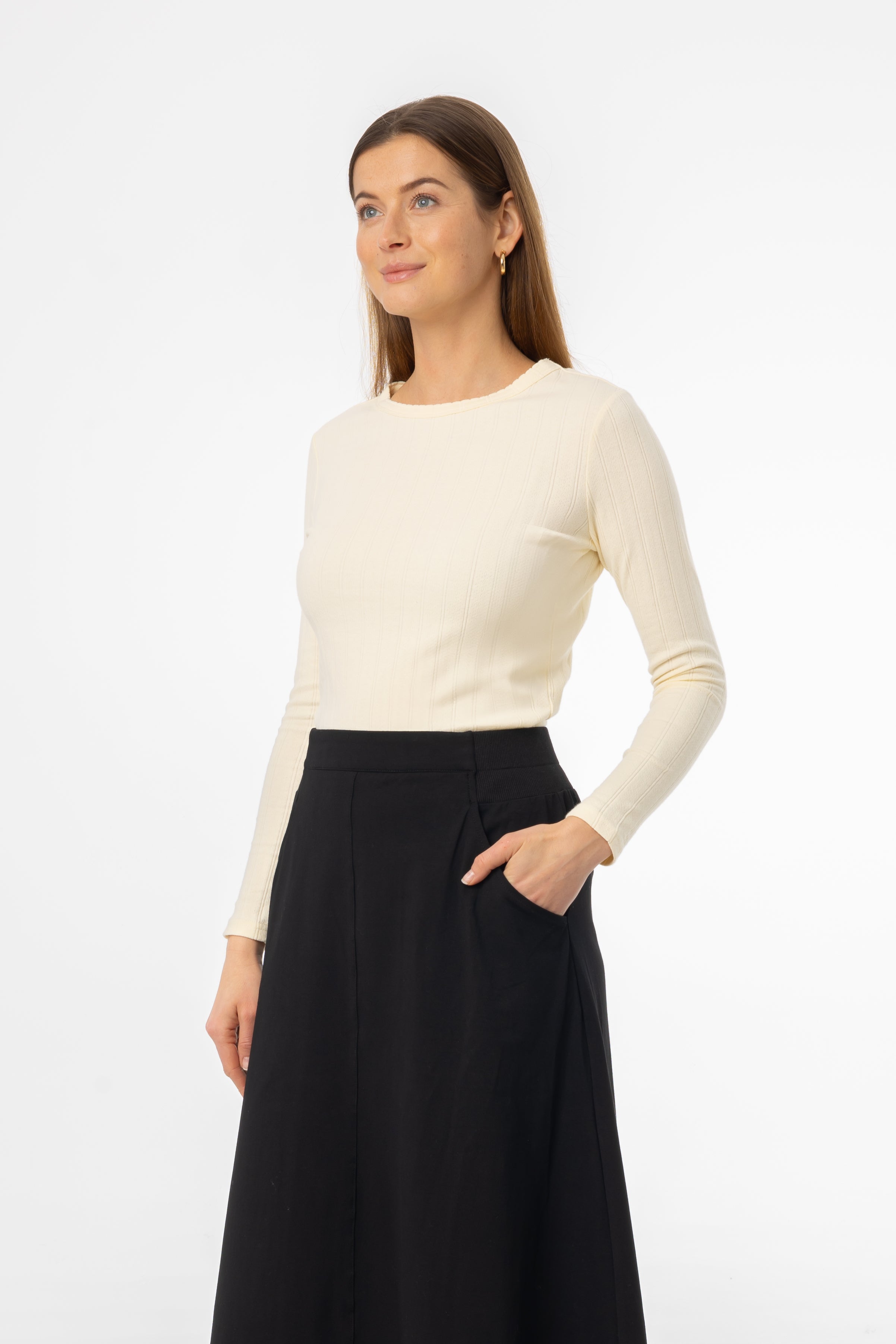 Pale Yellow Pointelle Scalloped T-Shirt for Women - Soft Cotton Casual Tee - Perfect for Spring Outfits & Summer Layering