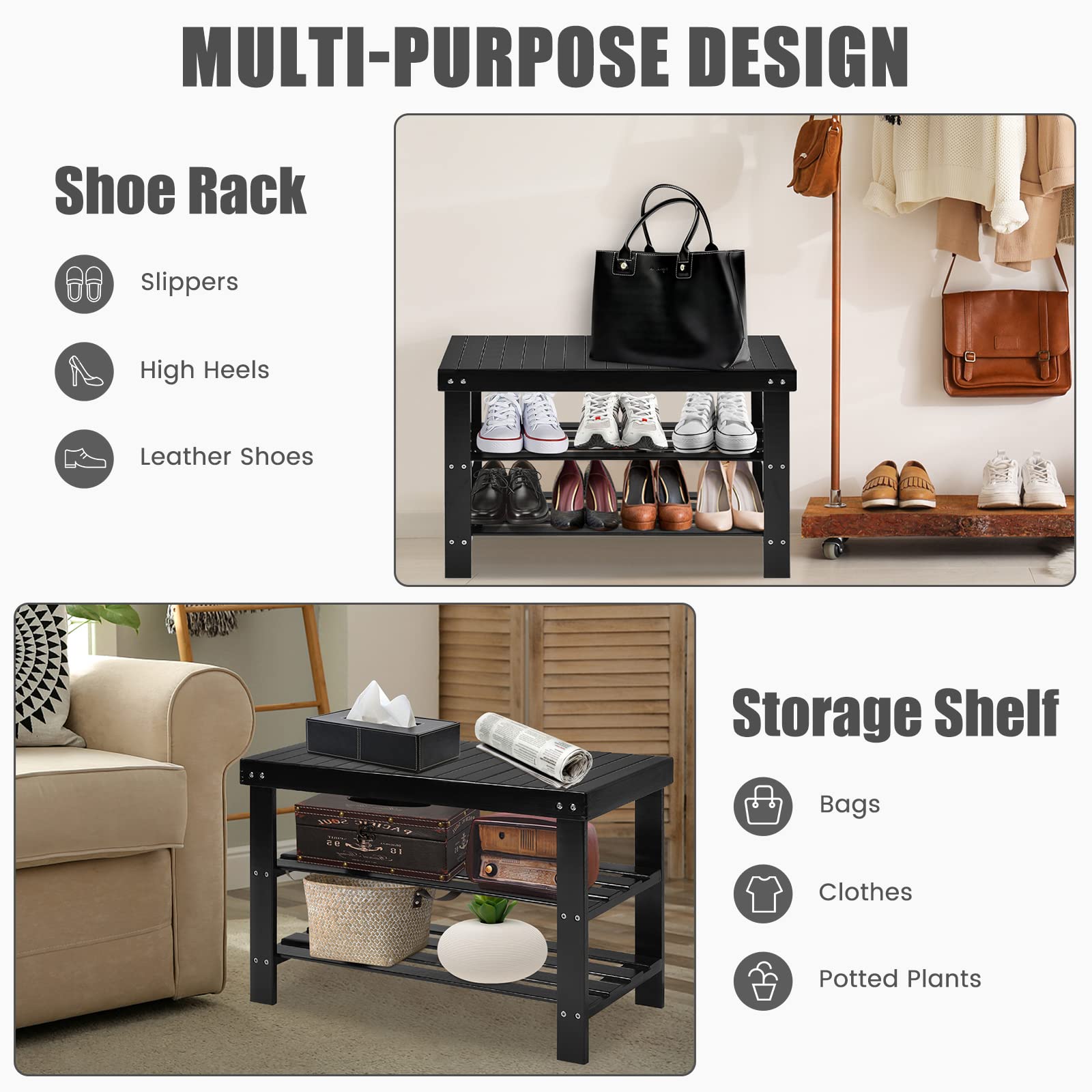Giantex 3-Tier Bamboo Shoe Bench & Storage Rack - Holds 6 Pairs of Shoes - Entryway Organizer for Heels, Slippers - Perfect for Living Room, Bathroom, Closet & Mudroom Organization (Black)