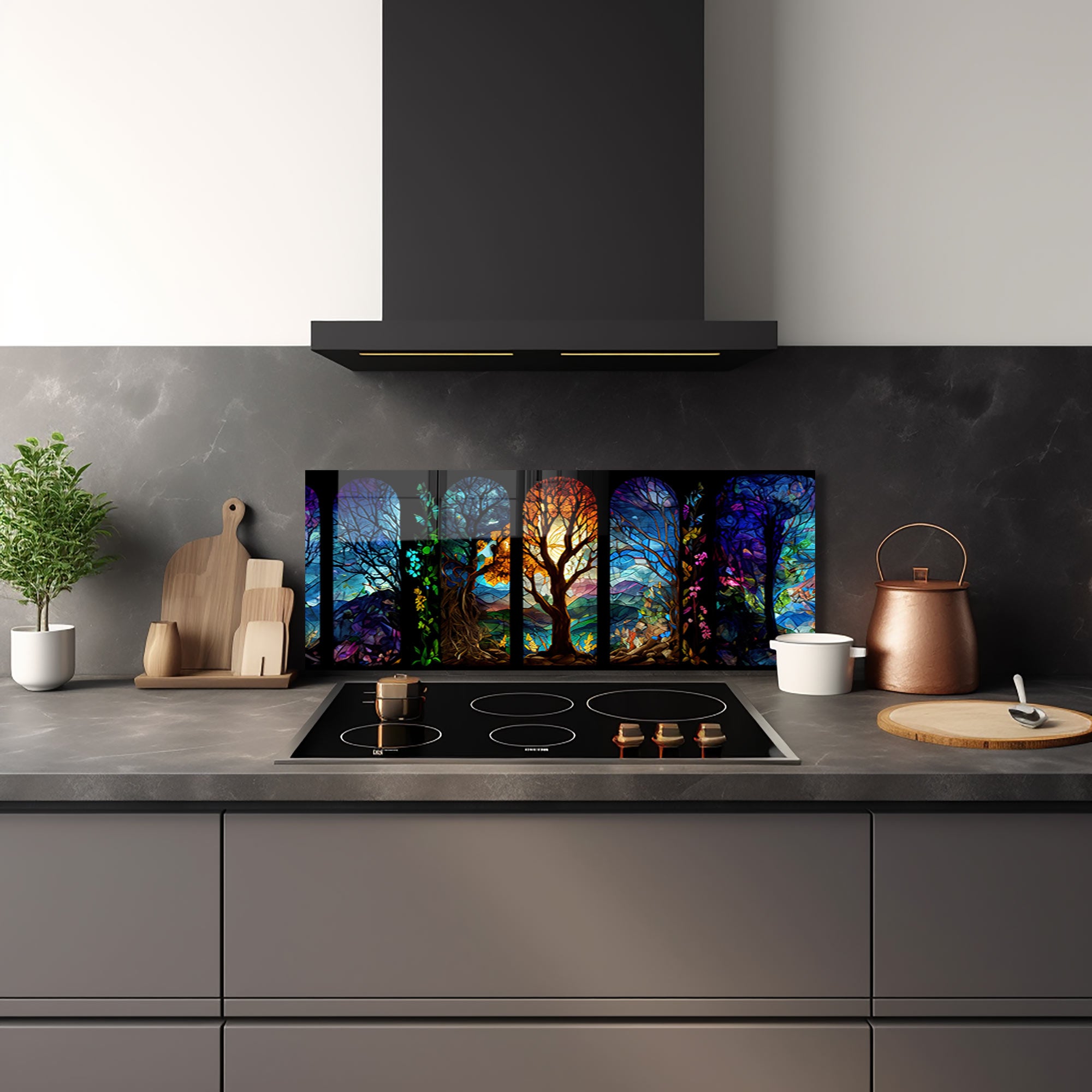 Seasons of Tree Glass Splashback - Modern Kitchen Backsplash Panel - Heat & Stain Resistant Tempered Glass - Perfect for Home Renovation & Kitchen Remodeling