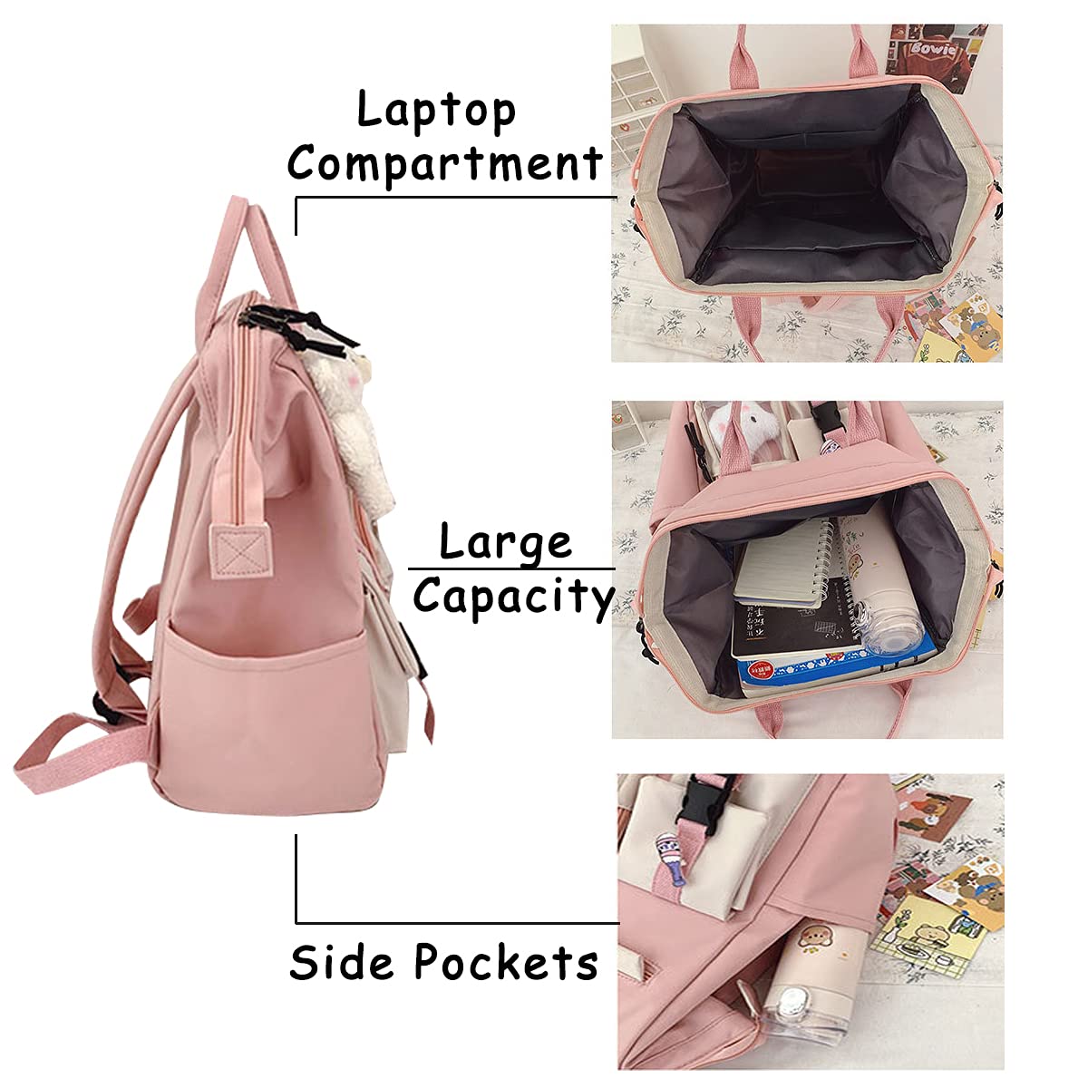 Cute Kawaii Backpack for Girls & Women - Bear Pin Accessories, Lightweight Laptop Bookbag for College & High School, Durable Black Backpack - Perfect for School, Travel & Everyday Use
