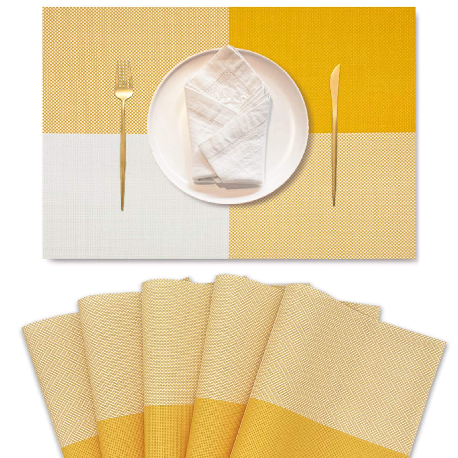 6-Pack PVC Heat-Resistant Placemats Set - Double Sided Washable & Easy Clean Table Mats for Dining, Kitchen & Restaurant Use (Beige & Yellow) - Perfect for Everyday Meals, Dinner Parties & Holiday Gatherings