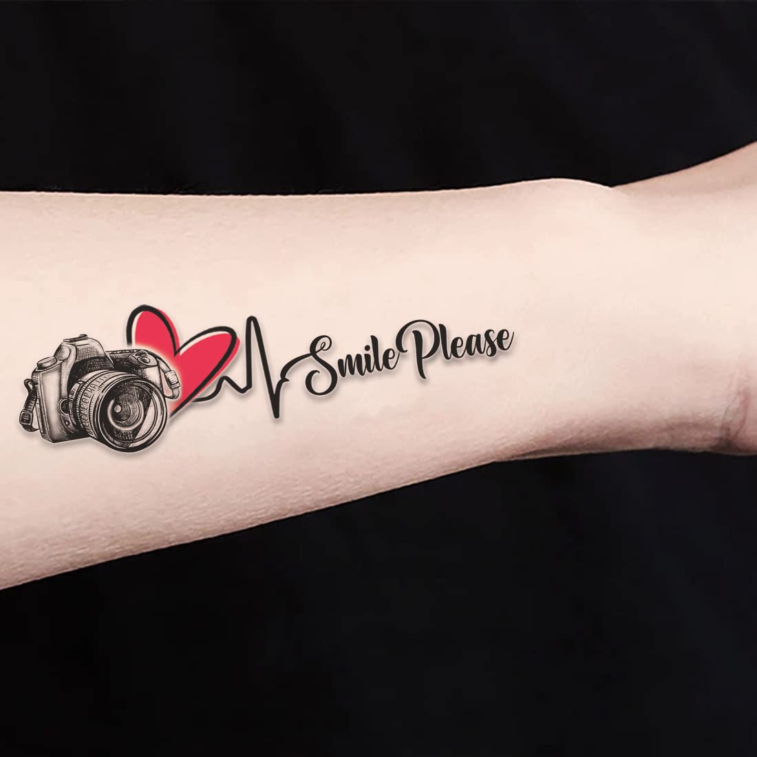 Waterproof Temporary Tattoo for Men & Women - 'Camera Smile Please' Design - Long Lasting Body Art for Parties, Festivals & Photo Shoots