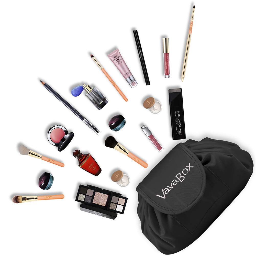 Waterproof Large Capacity Drawstring Makeup Bag for Women - Travel Cosmetic Organizer Pouch, Portable Makeup Storage Case for Toiletries & Beauty Essentials (Black) - Perfect for Travel, Gym & Daily Use