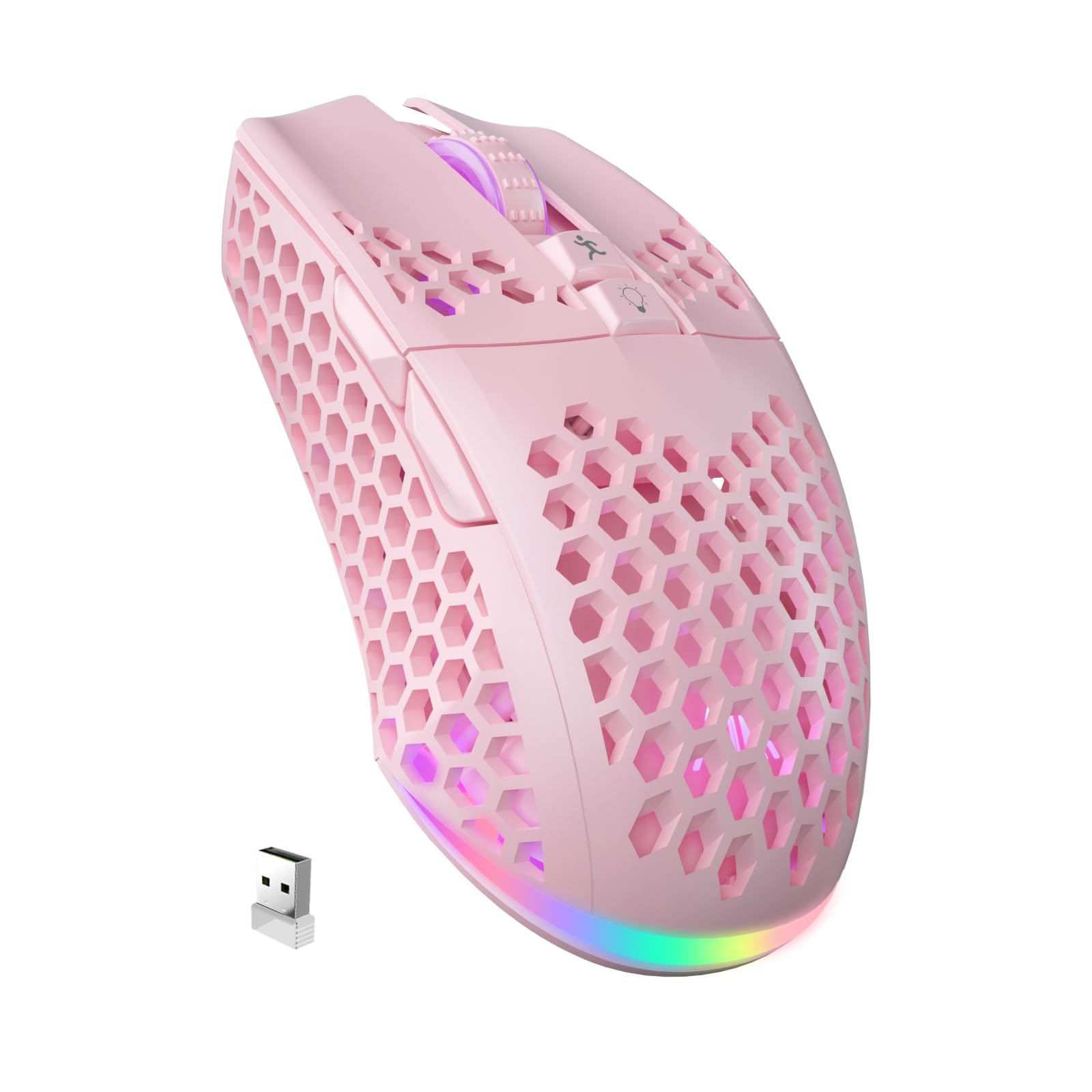 SM600 Pink Wireless Gaming Mouse - Honeycomb Shell, 6 Programmable Buttons, Tri-Mode Connectivity (BT5.1+2.4GHz), Lightweight RGB Ergonomic Design for PC, Laptop, Tablet - Perfect for FPS Games, Office Work & Streaming