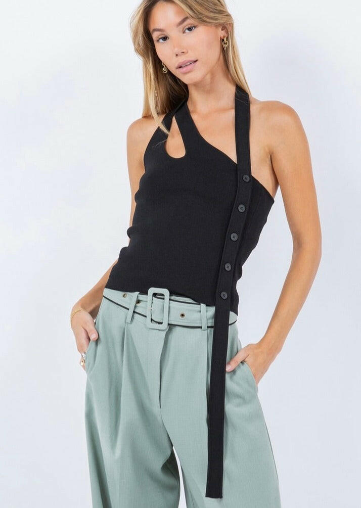 Black Asymmetrical Tank Top with Side Button Detail - Stylish & Trendy for Casual Outings, Summer Wear & Layering