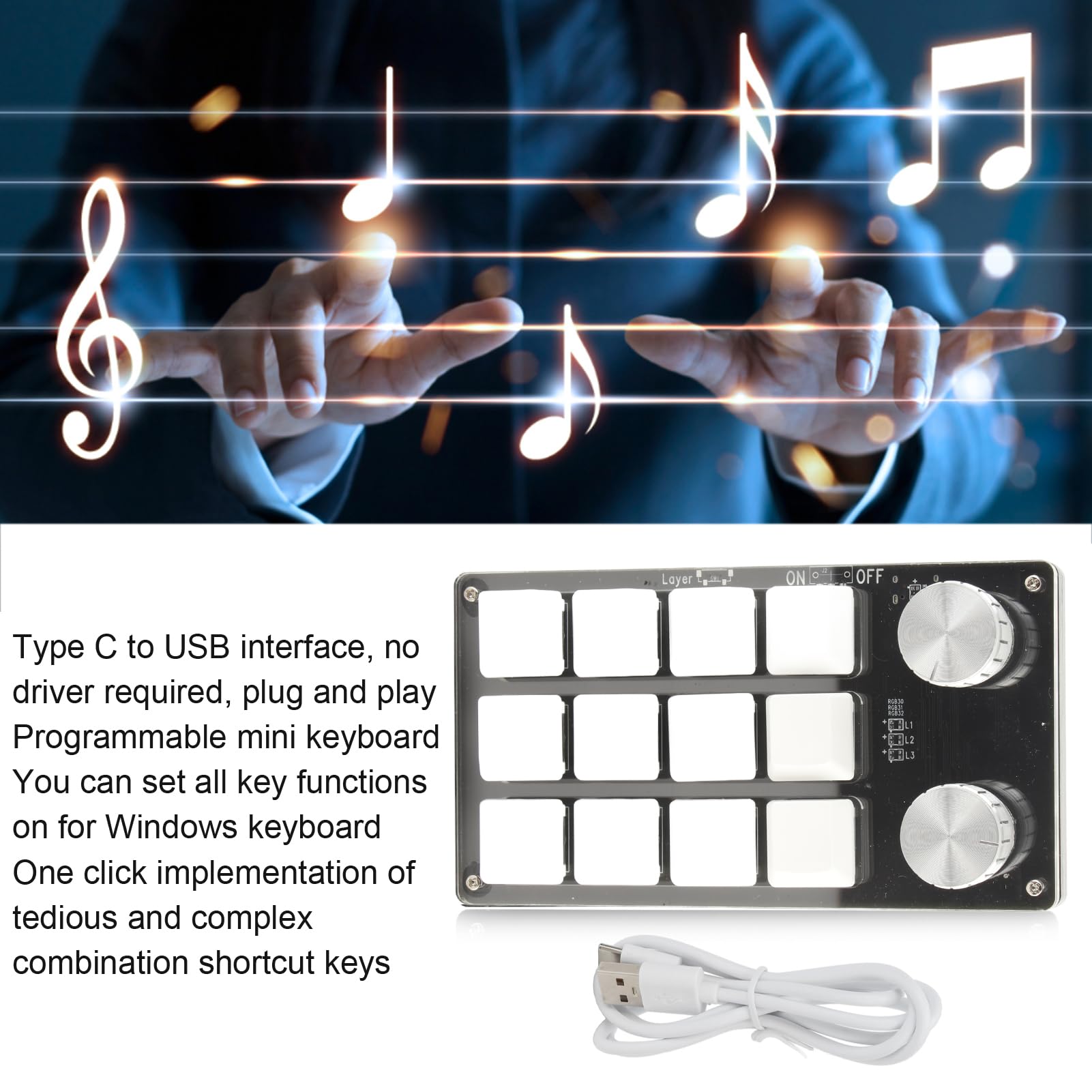 One-Handed Macro Keyboard - 12 Key Programmable USB Keypad with Knob for Office & Gaming (Black/White)