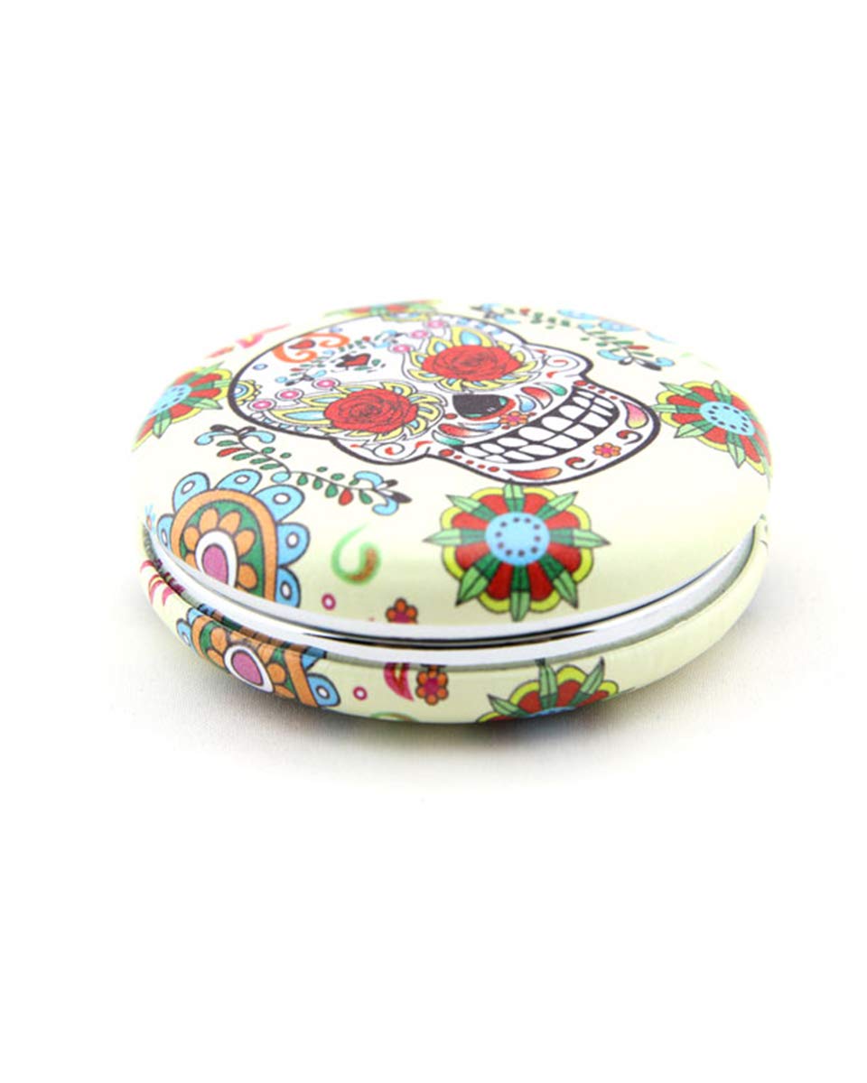Sugar Skull Compact Mirror - Portable Makeup Mirror for Women, Gothic Skull Design, Perfect Gift for Halloween, Dia de Los Muertos, Cosplay & Travel (White)