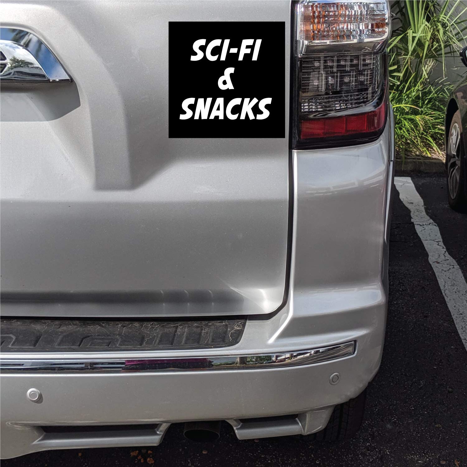 DistinctInk Custom Bumper Sticker 3x3 Inch - Black Background Sci-Fi & Snacks Design - Waterproof Vinyl Decal for Cars, Laptops, Windows - Perfect for Gifts, Fan Merch, and Personal Expression