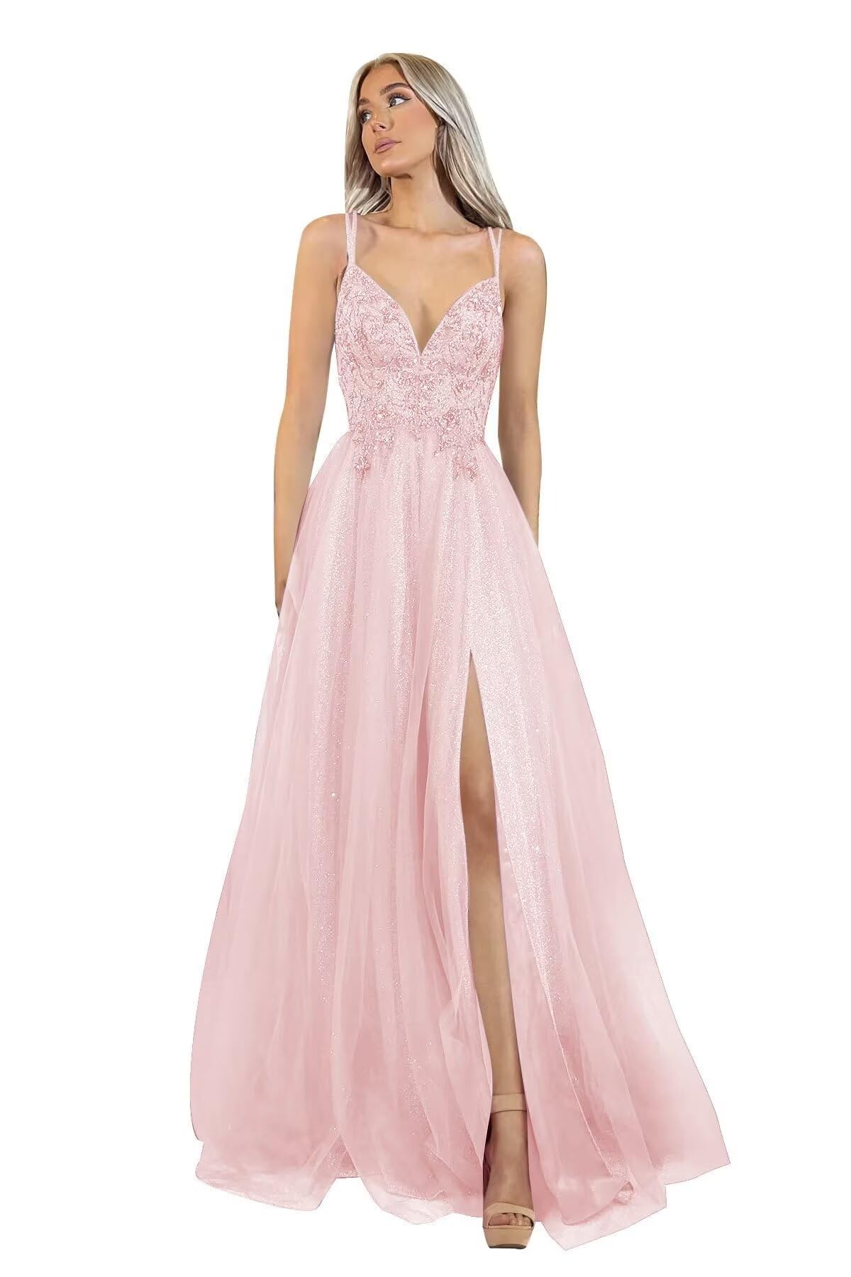 Sparkly Glitter Tulle Prom Dresses for Women 2024 - V Neck Lace A-Line Formal Gown with Spaghetti Straps & Thigh High Slit | Perfect for Homecoming, Quinceañera & Evening Galas