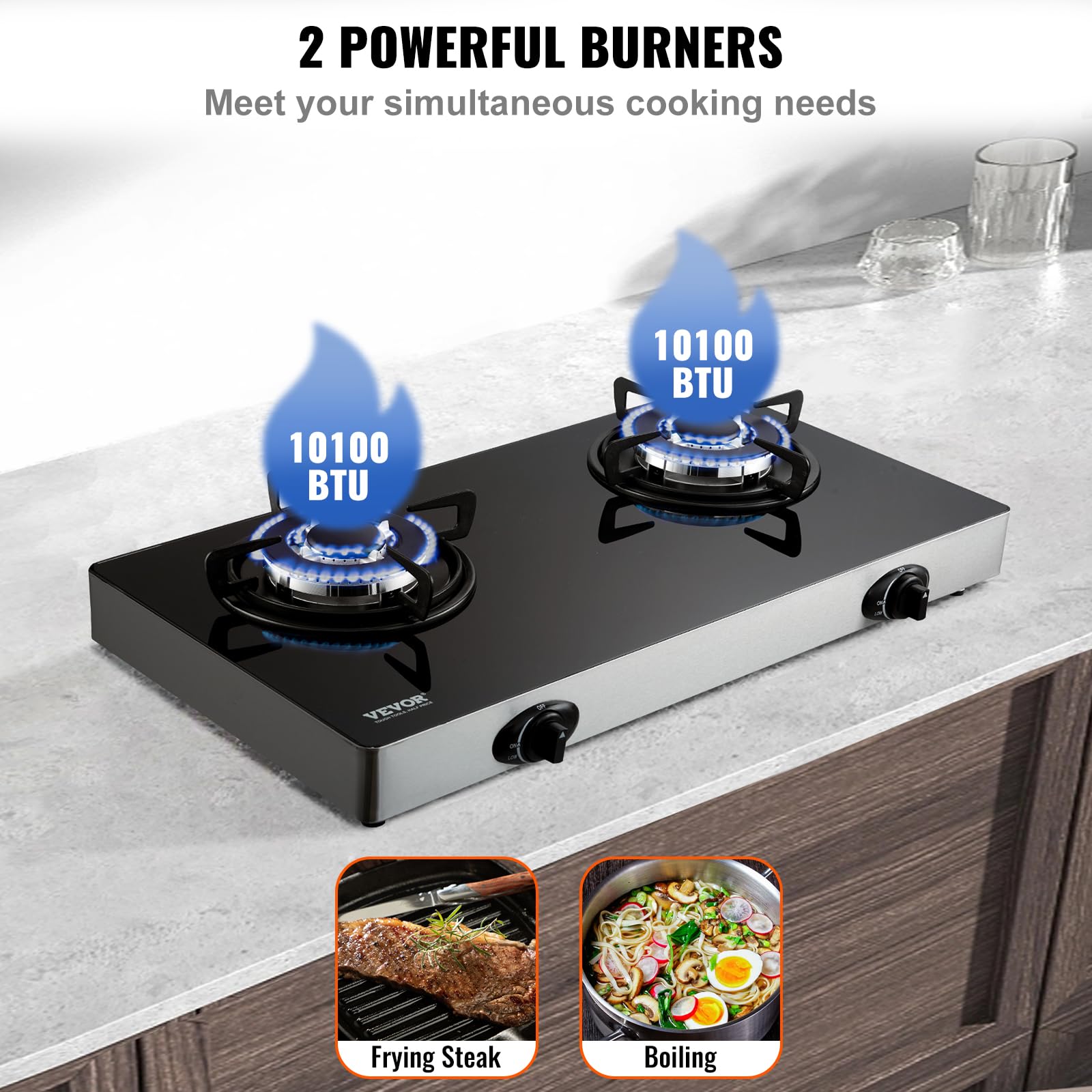 VEVOR 28 Inch 2 Burner Gas Cooktop - 10100BTU Max Output, Tempered Glass Countertop Stove with Pulse Electronic Ignition - Portable Natural Gas Hob for Kitchen, RV, Apartment, Outdoor & Camping Use