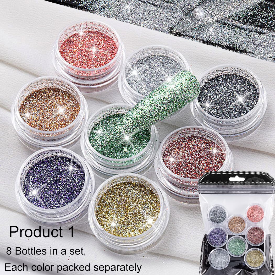 8 Colors Sparkling Crystal Diamond Nail Powder Set with 5-Piece Nail Art Tools - Stainless Steel Dual End Pusher, Nail File Buffer & Glitter Pigment Powder for Professional Manicure & Pedicure | DIY Nail Design, Salon Quality, Home & Professional Use