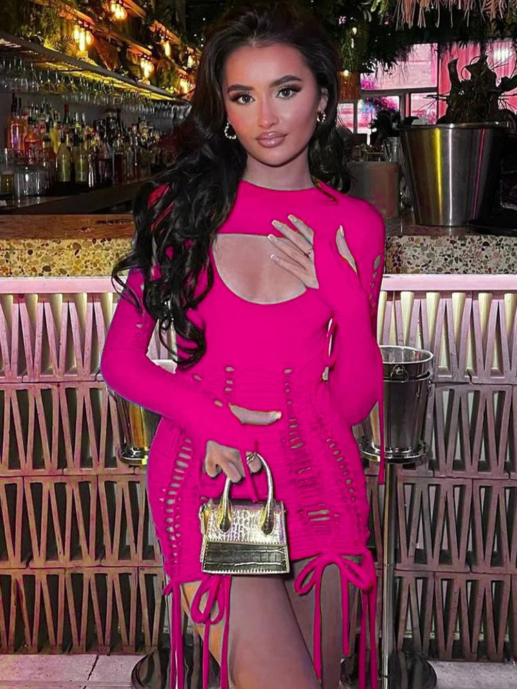 Y2K Neon Bandage Ruched Hollow Out Long Sleeve Backless Bodycon Mini Dress Set for Women | 2-Piece Clubwear | Perfect for Night Out, Party & Festival Fashion