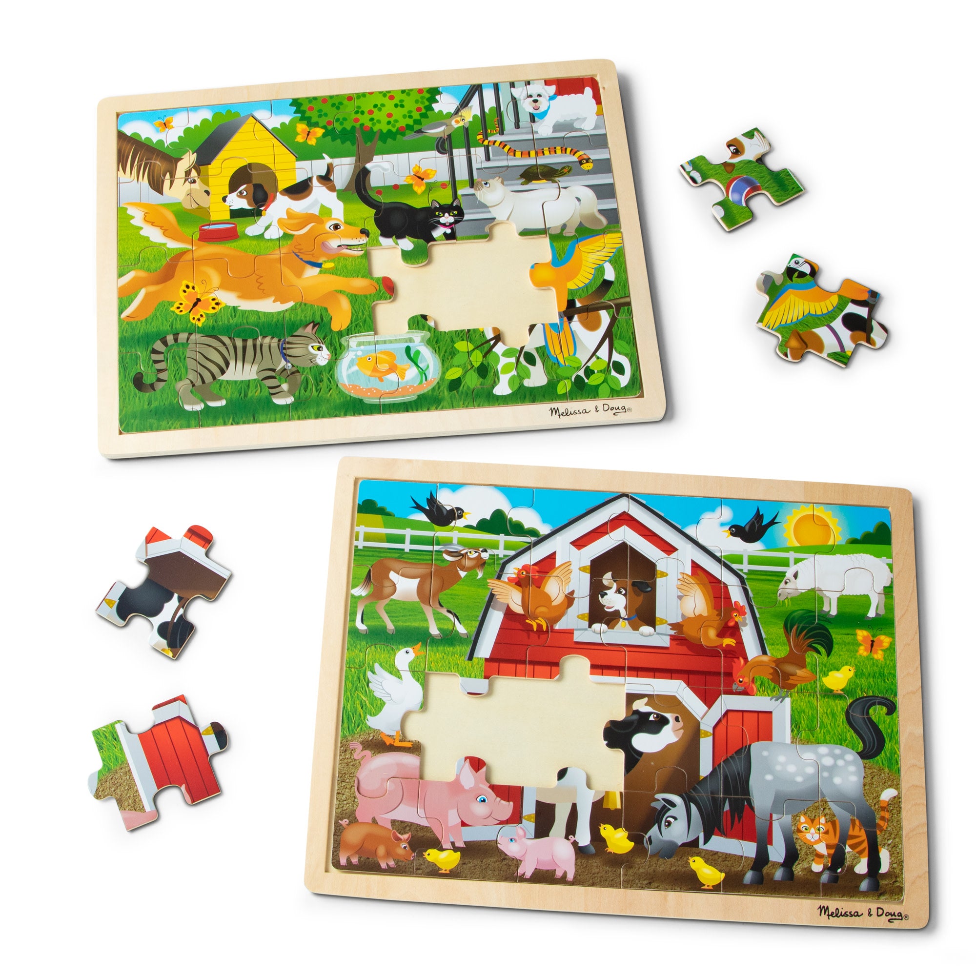 24-Piece Wooden Jigsaw Puzzle Set - 2 Pack with Adorable Pets & Farm Animals | Fun Learning Activity for Kids, Perfect for Preschool Education & Family Game Night