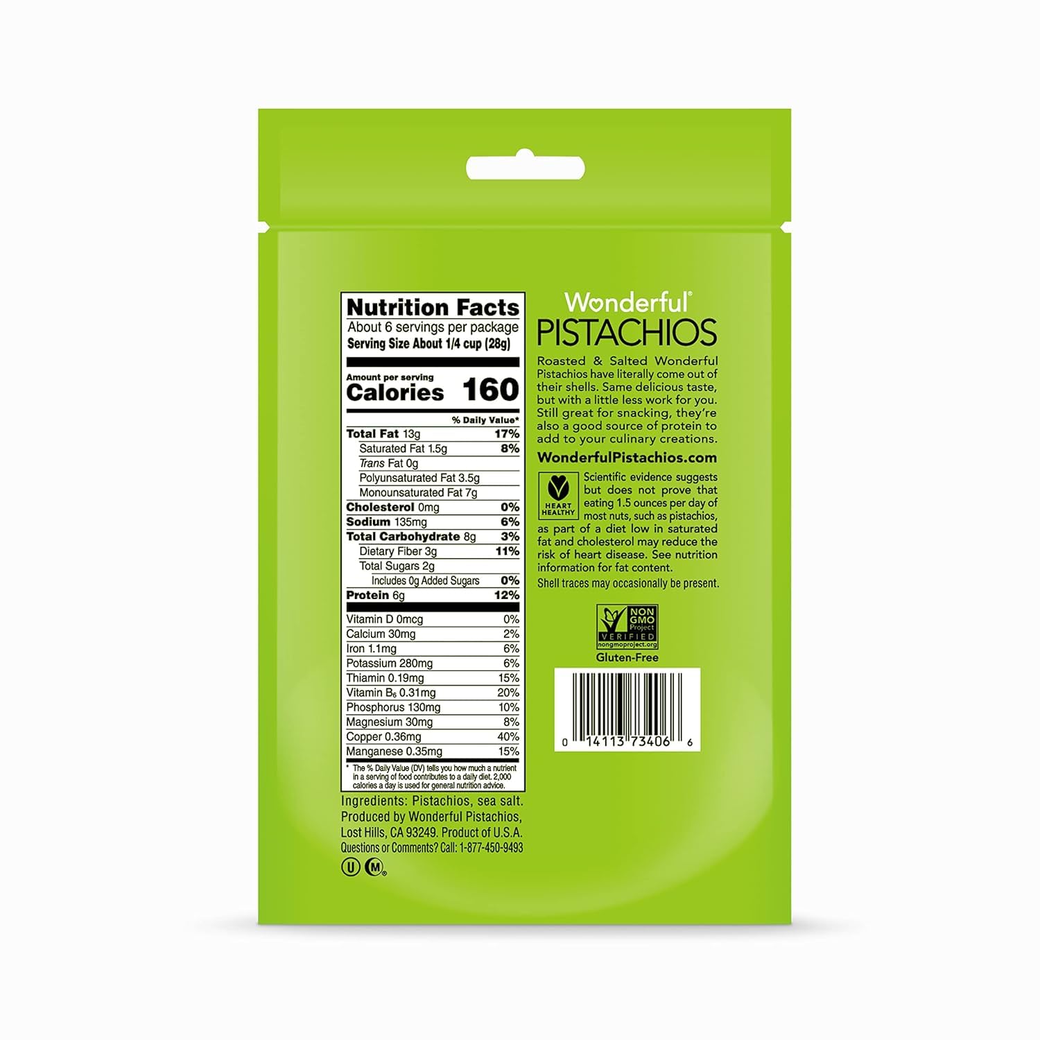 Wonderful Pistachios No Shells - Roasted & Salted Nuts, 6oz Resealable Bag | High Protein Snack, Gluten Free, Healthy Snacks for Adults | Perfect for Office, Gym & On-the-Go