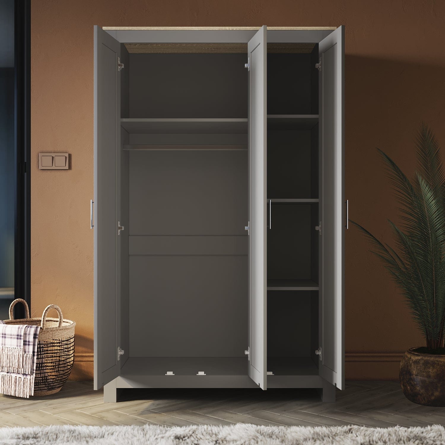 180cm Simple Design Wooden Storage Cabinet - Large Grey Wardrobe with 3 Doors for Bedroom, Living Room & Office Organization
