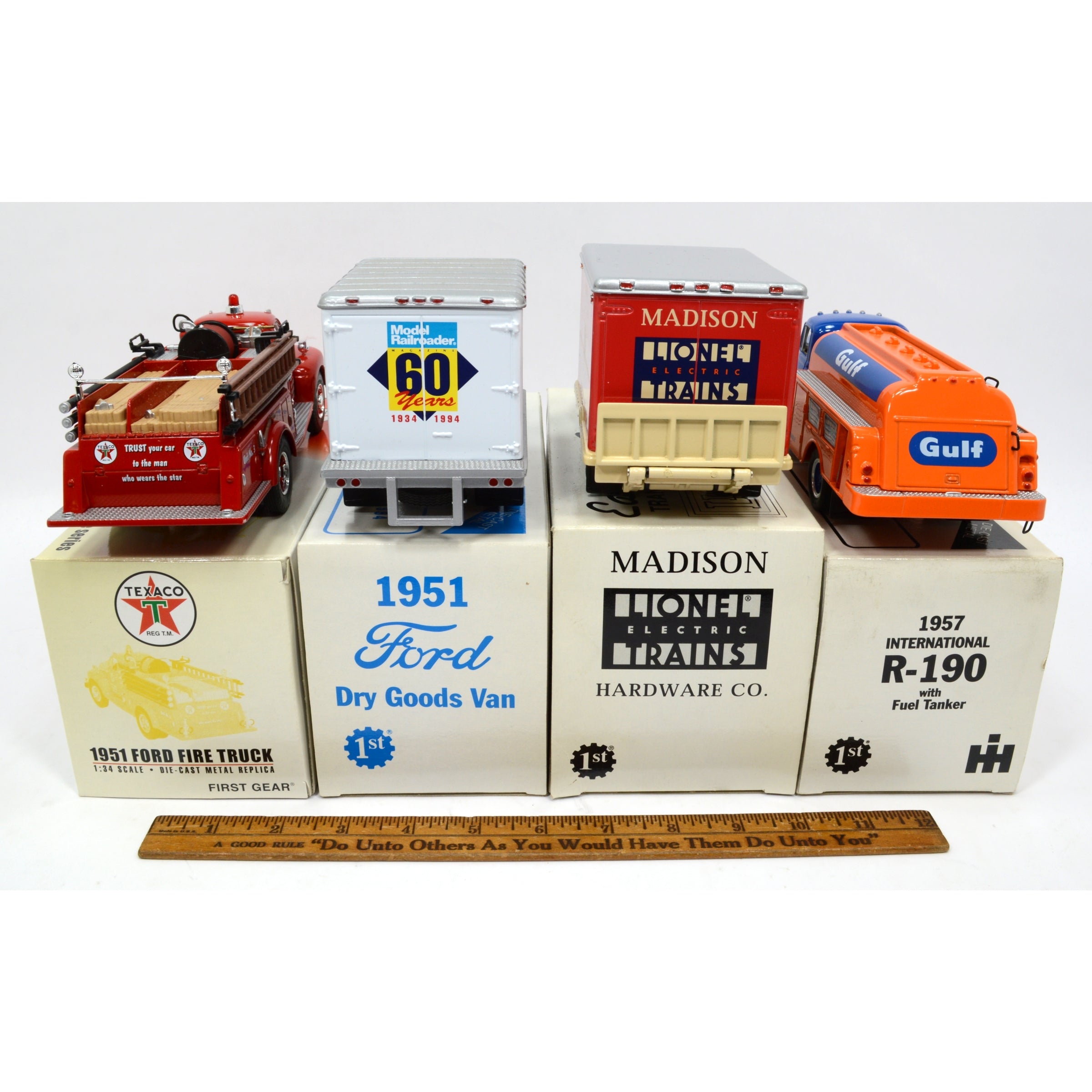Lot of 4 FIRST GEAR Diecast Model Trucks - Gulf Tanker & Lionel Trains Texaco Fire Truck Collection for Display & Gift Giving