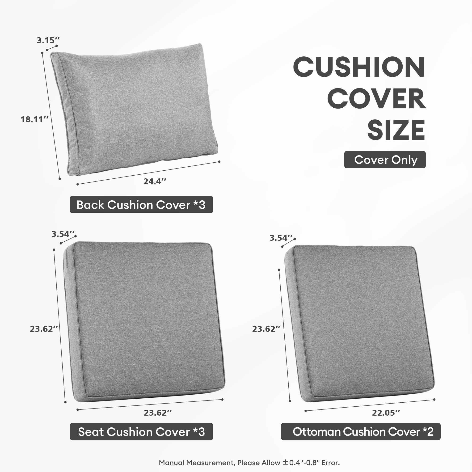 Waterproof Outdoor Cushion Covers - 8 Pack Dark Grey Patio Furniture Covers with Zipper for Sofa, Couch & Ottoman | All-Weather Protection for Deck, Poolside & Garden Seating
