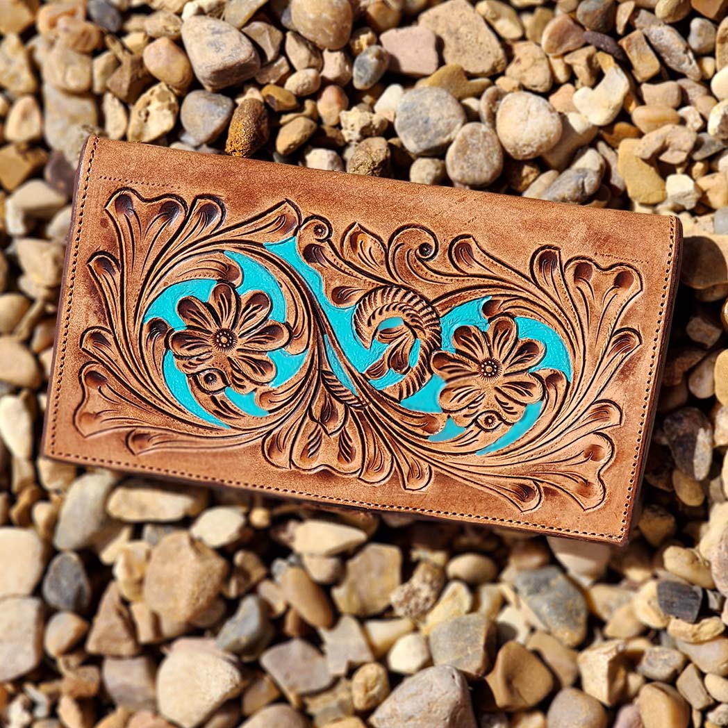 Handcrafted American Darling Tooled Leather Wallet with Turquoise Accent - Stylish Bifold Design for Men & Women - Perfect for Everyday Use, Travel & Gifts