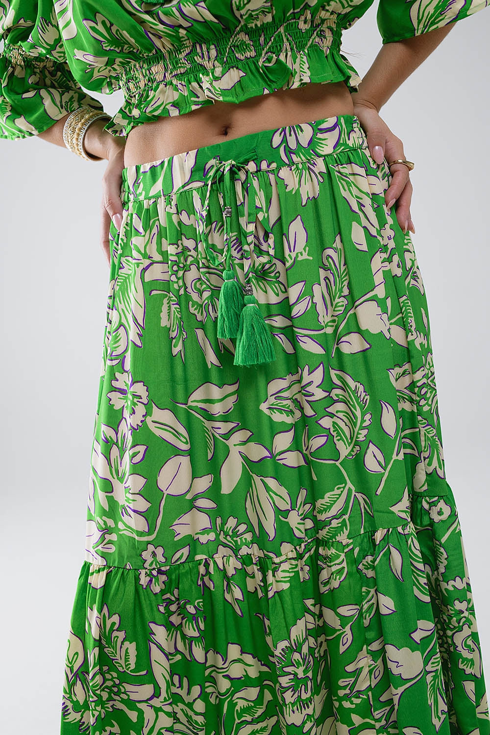Floral Print Green Wrap Maxi Skirt with Pockets - Women's Boho Summer Skirt for Beach, Vacation & Casual Outfits