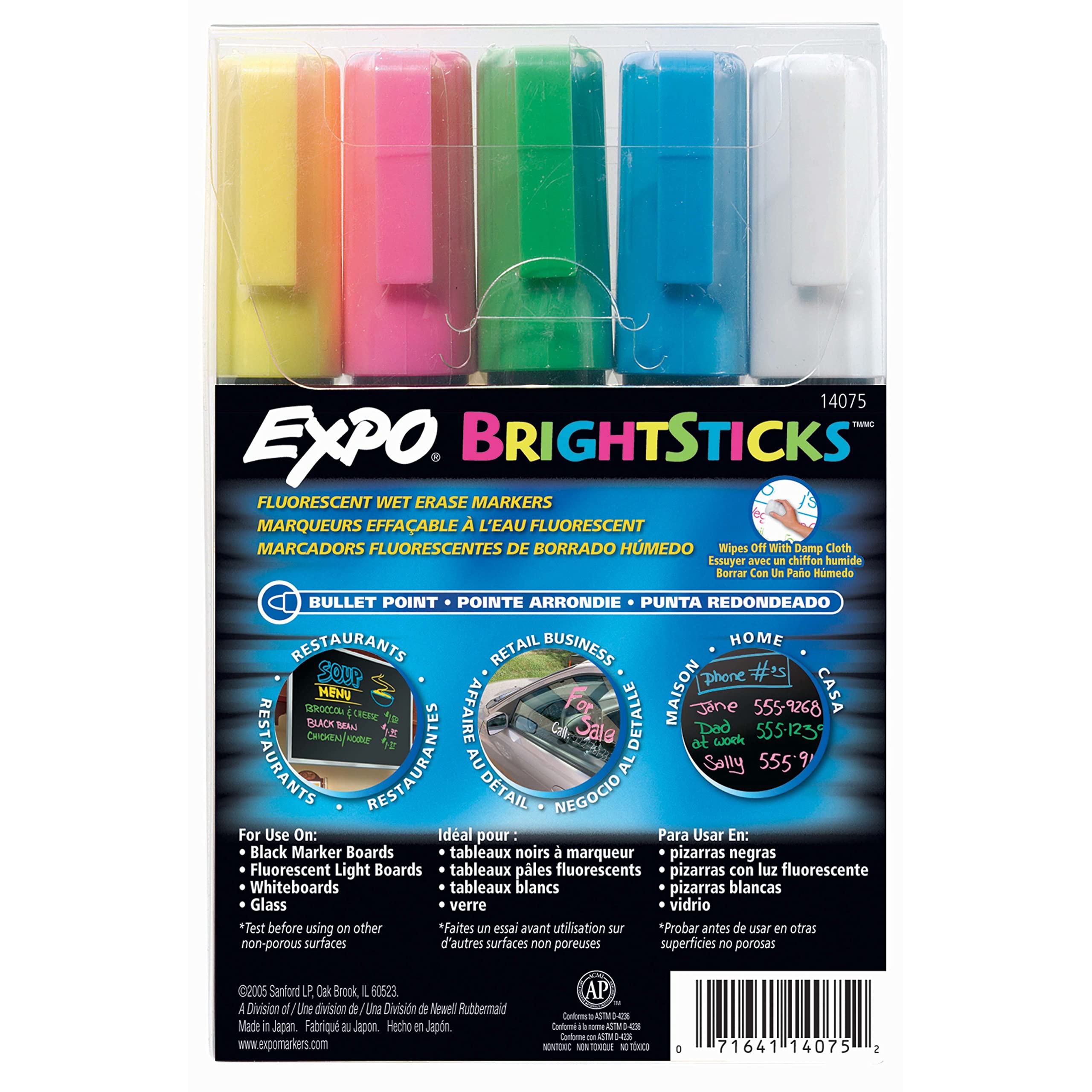 EXPO Bright Sticks Wet Erase Fluorescent Markers - 5 Pack Bullet Tip Assorted Color Highlighters for Whiteboards, Glass & Non-Porous Surfaces - Ideal for Teachers, Offices & Classroom Presentations