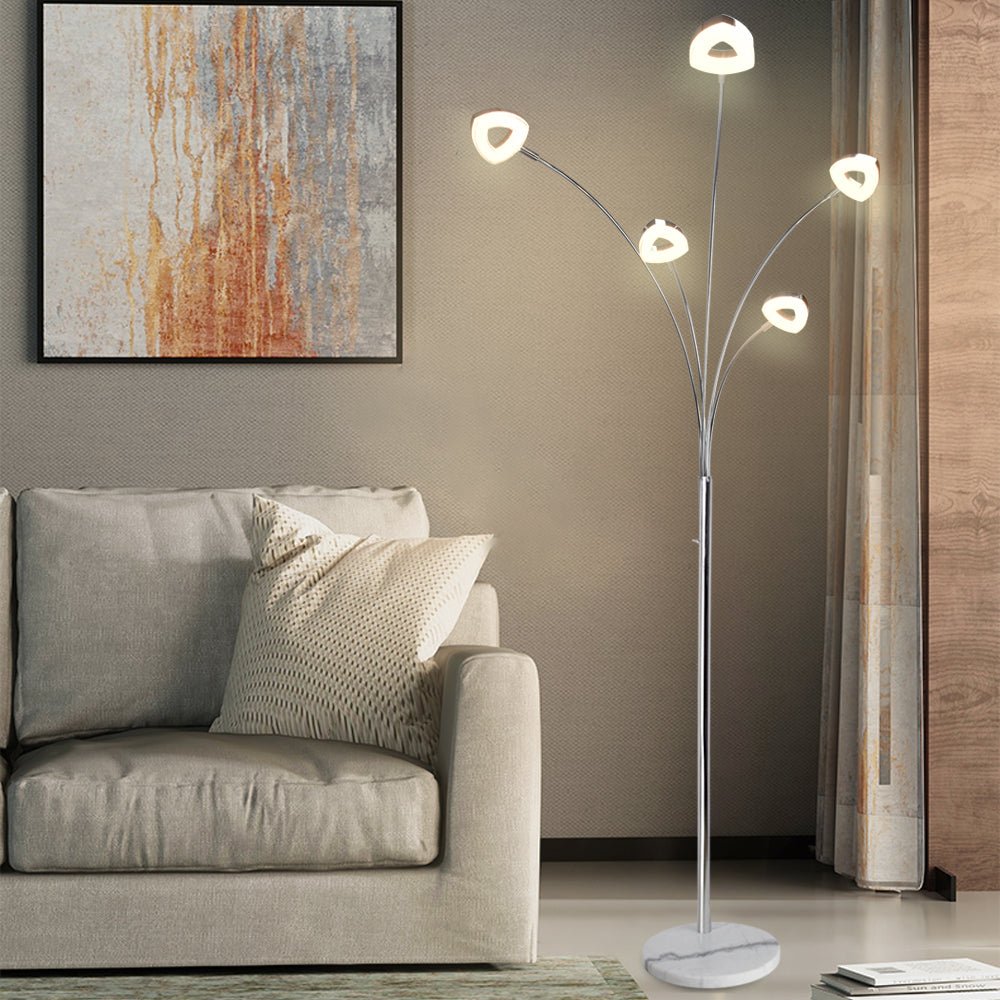 DLLT 5-Head Adjustable Arc Floor Lamp - Modern Spider Design with 5 Flexible Arms, 3 Brightness Levels (Warm White) - Silver Standing Light for Living Room, Bedroom & Office - Perfect for Reading, Working & Ambient Lighting