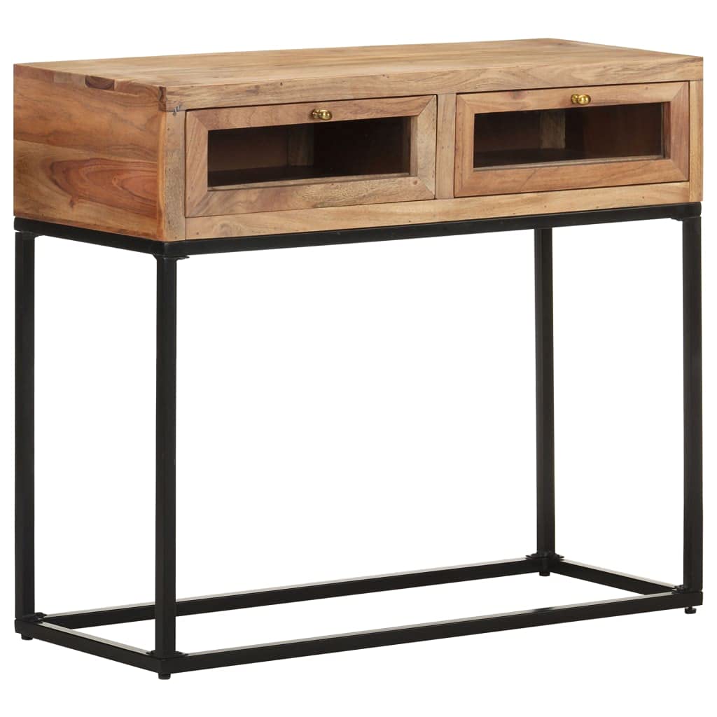 Industrial Console Table with Glass Drawer - Solid Acacia Wood Entryway Table 35.4