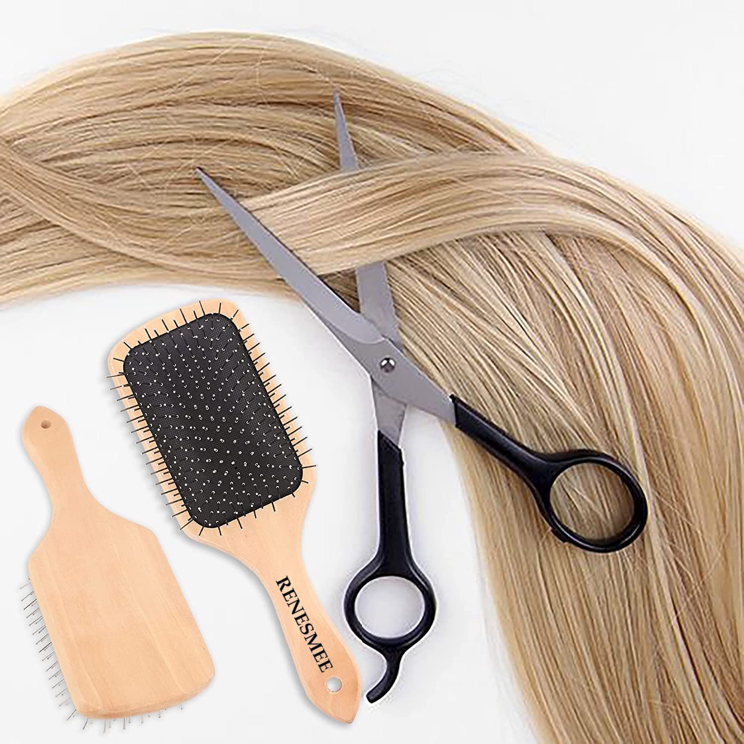 RENESMEE Metal Pin Bristle Hair Brush - Detangling & Anti-Static Paddle Brush with Rounded Steel Bristles - Ergonomic Wooden Handle for Scalp Massage - Perfect for Normal, Curly, Thick Hair & Wigs - Salon & Home Hair Care Essential
