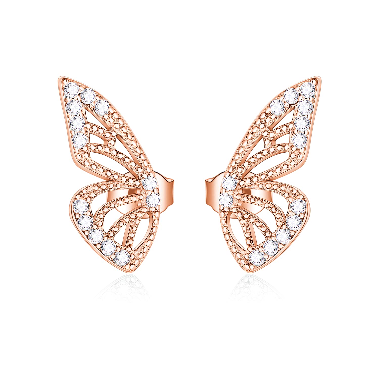 925 Sterling Silver Butterfly Stud Earrings with Cubic Zirconia - Fashion Half Wing Design Jewelry Gift for Women, Girlfriend - Perfect for Birthday, Anniversary, Valentine's Day & Everyday Wear