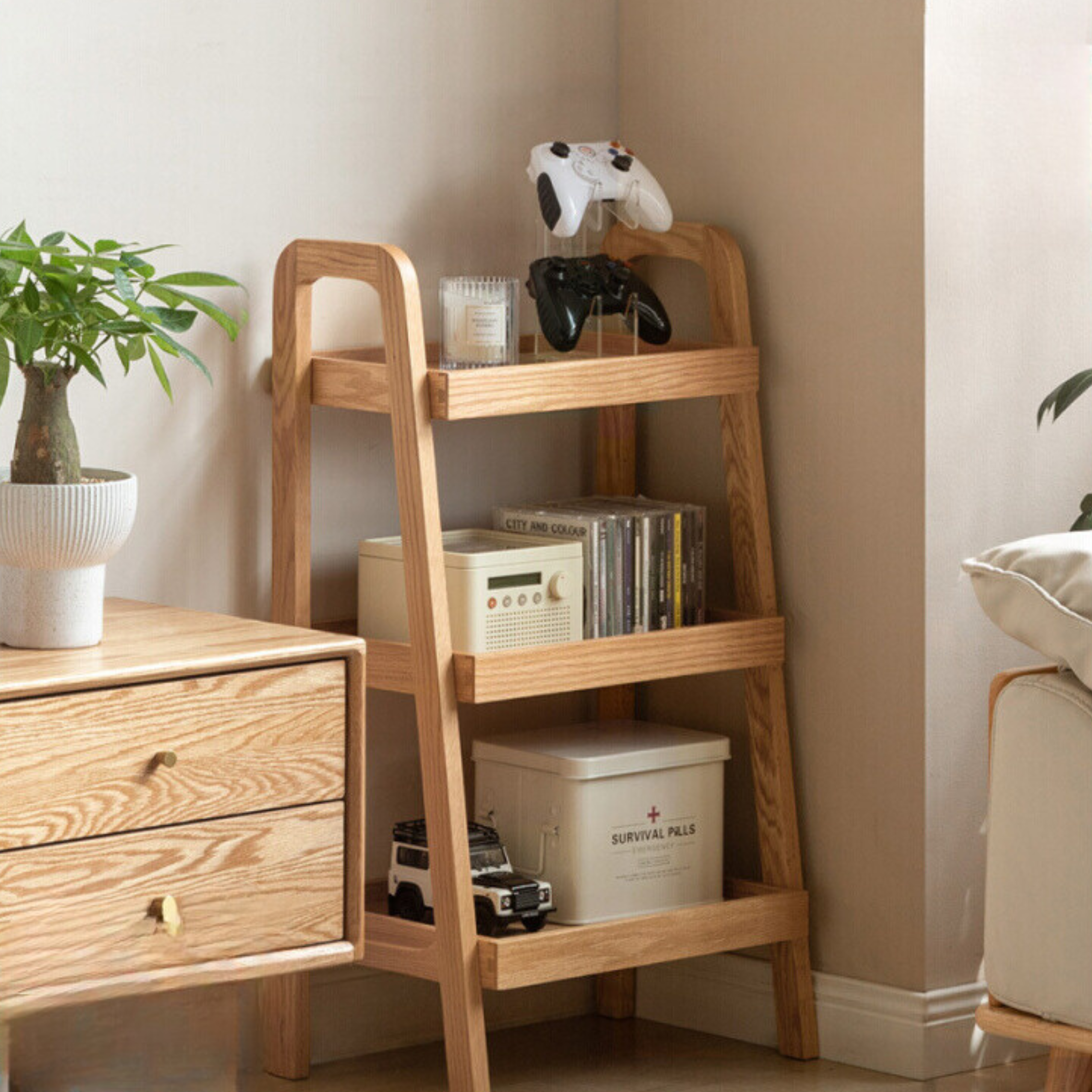 Solid Oak Wood Trapezoidal 3-Tier Bookshelf & Side Table - Modern Home Office Storage & Living Room Decor