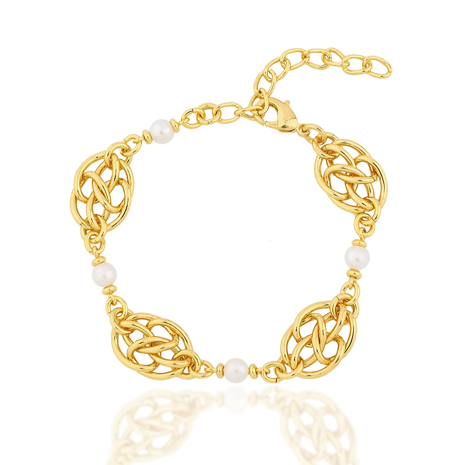 14K Gold Plated Pearl Bracelet for Women - Elegant Chain Link Pearl Bracelet, Dainty Gold Pearl Jewelry Gift for Her - Perfect for Weddings, Parties & Everyday Wear