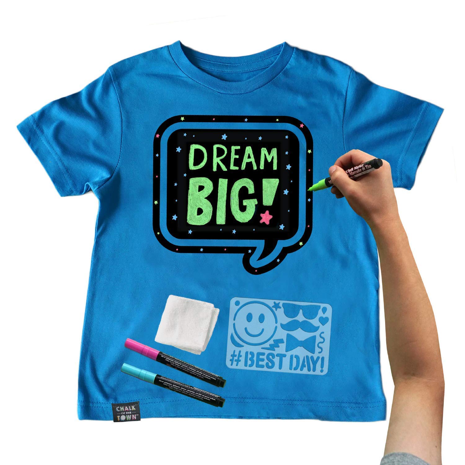 Kids Blue Speech Bubble Chalkboard T-Shirt Kit with 3 Washable Markers & Stencil - Youth XS | Fun DIY Craft & Back to School Activity