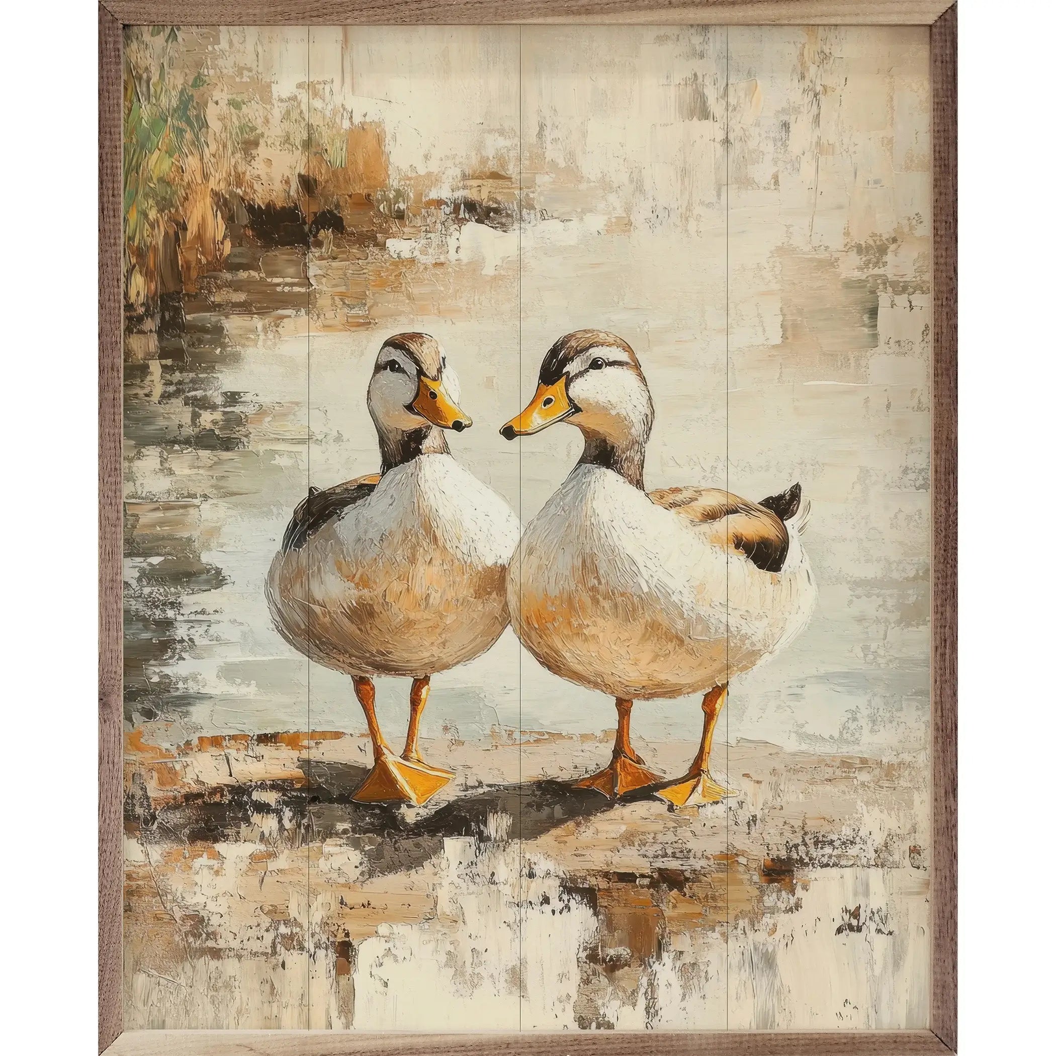 Brown Duck Couple Wood Framed Print - Romantic Home Decor for Bedroom, Living Room & Wedding Gift