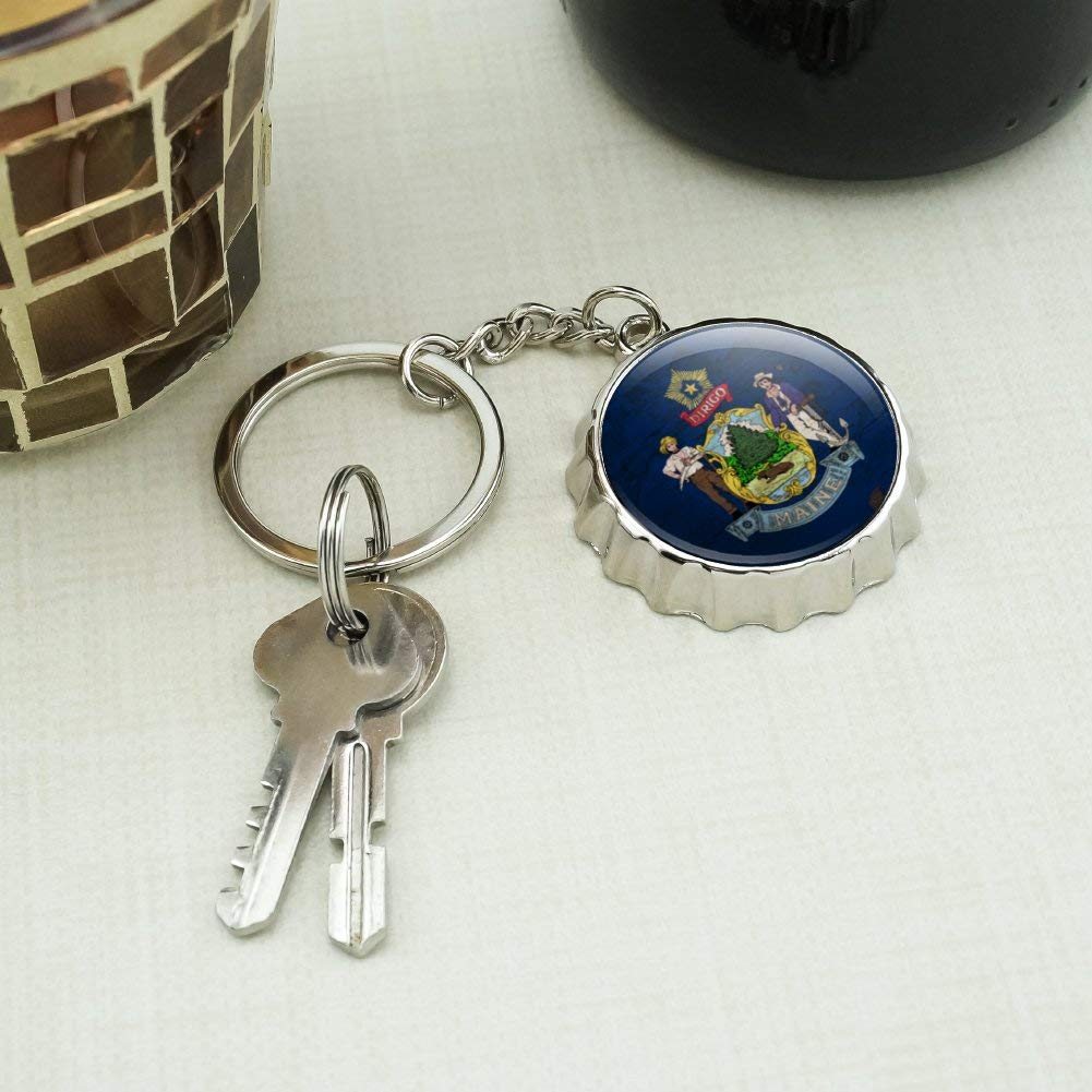 Vintage Rustic Maine State Flag Keychain - Distressed USA Design, Chrome Plated Metal Bottle Opener with Pop Cap - Perfect for Travel, Gifts & Beer Lovers Accessories