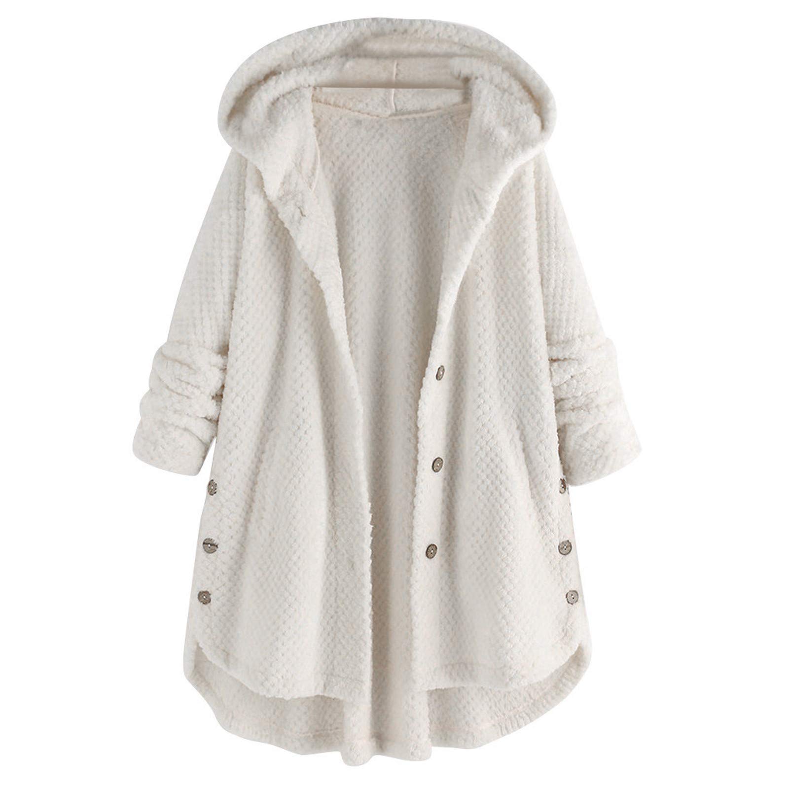 Women's Plus Size Winter Coat with Hood - Fleece Lined Long Jacket with Pockets & Button Front, Trendy Warm Outerwear for Cold Weather, Perfect for Daily Commute & Outdoor Activities