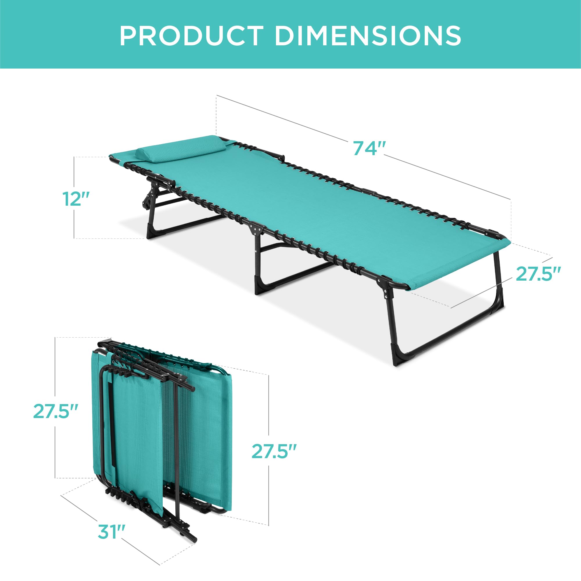 Best Choice Products Patio Chaise Lounge Chair - Portable Outdoor Folding Recliner with 8 Adjustable Positions, Sturdy Handles & 300lb Weight Capacity - Teal Blue - Perfect for Backyard, Poolside, Beach & Camping Relaxation