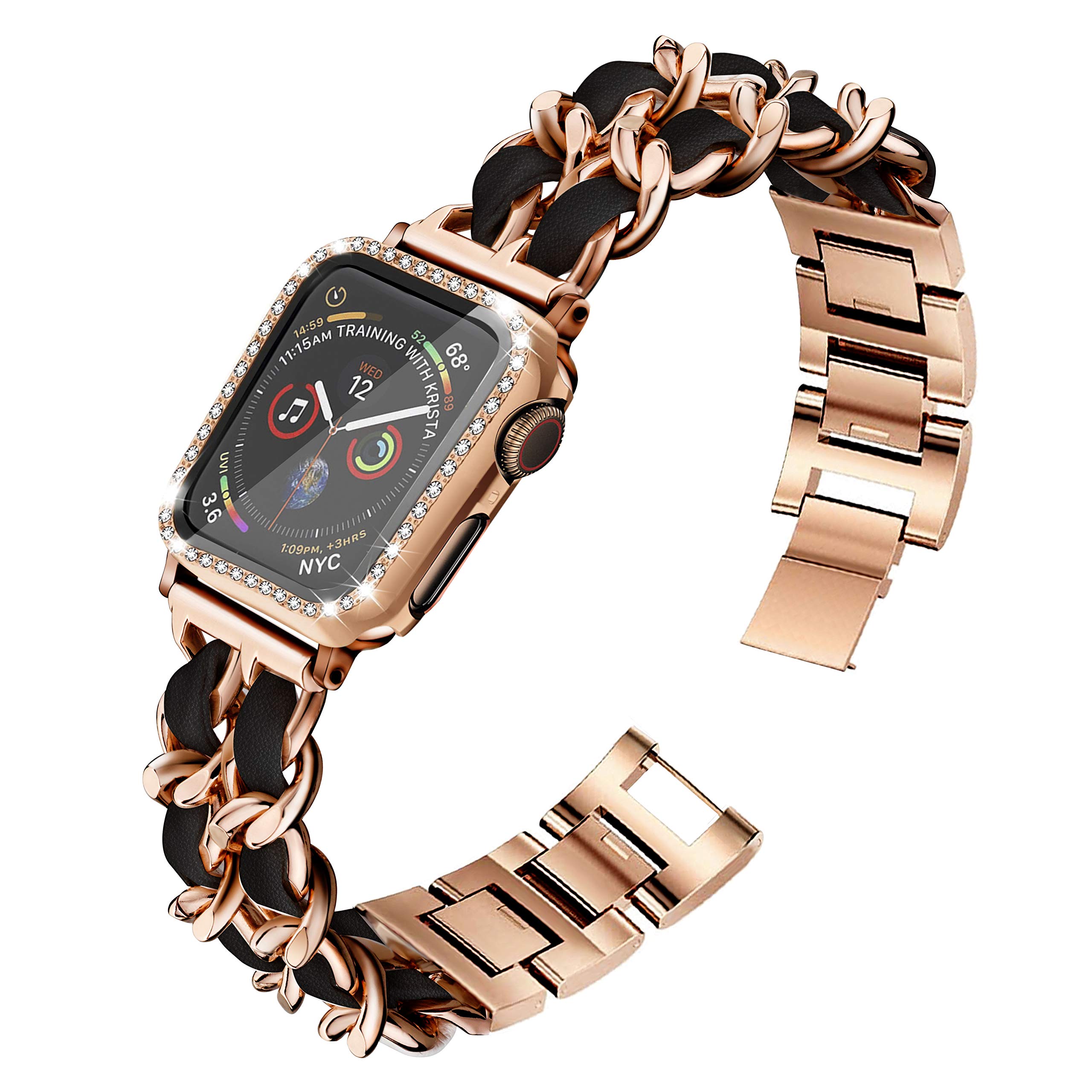 Compatible Apple Watch Band 44mm with Screen Protector & Jewelry Bracelet - Metal Band with 2P Bling Cover for iWatch Series SE/6/5/4 (Rose Gold Link & Black Leather) - Perfect for Women's Fashion, Work & Special Occasions
