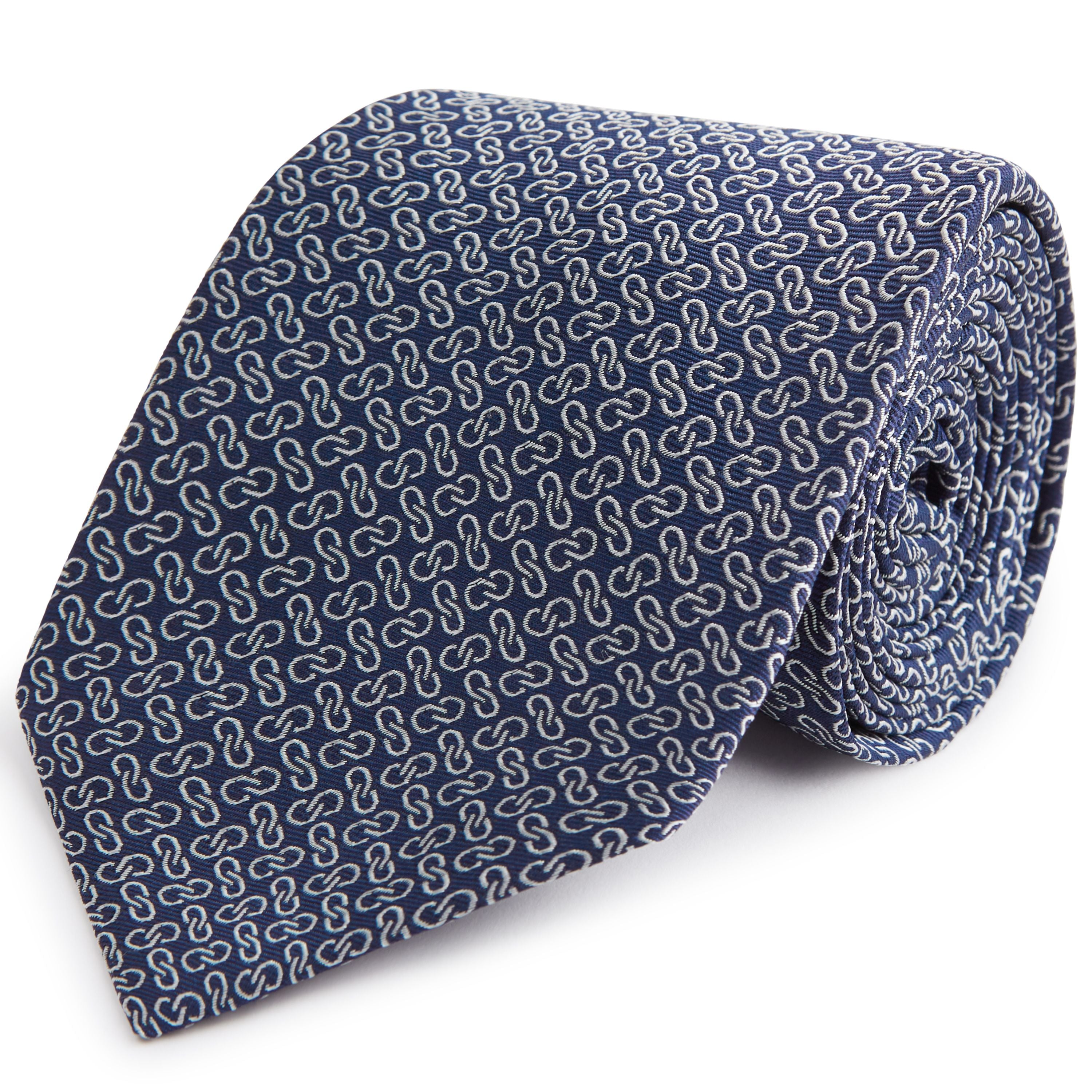 Navy and Silver Micro Chain Woven Silk Tie for Men - Elegant Formal Necktie for Business, Weddings & Special Occasions