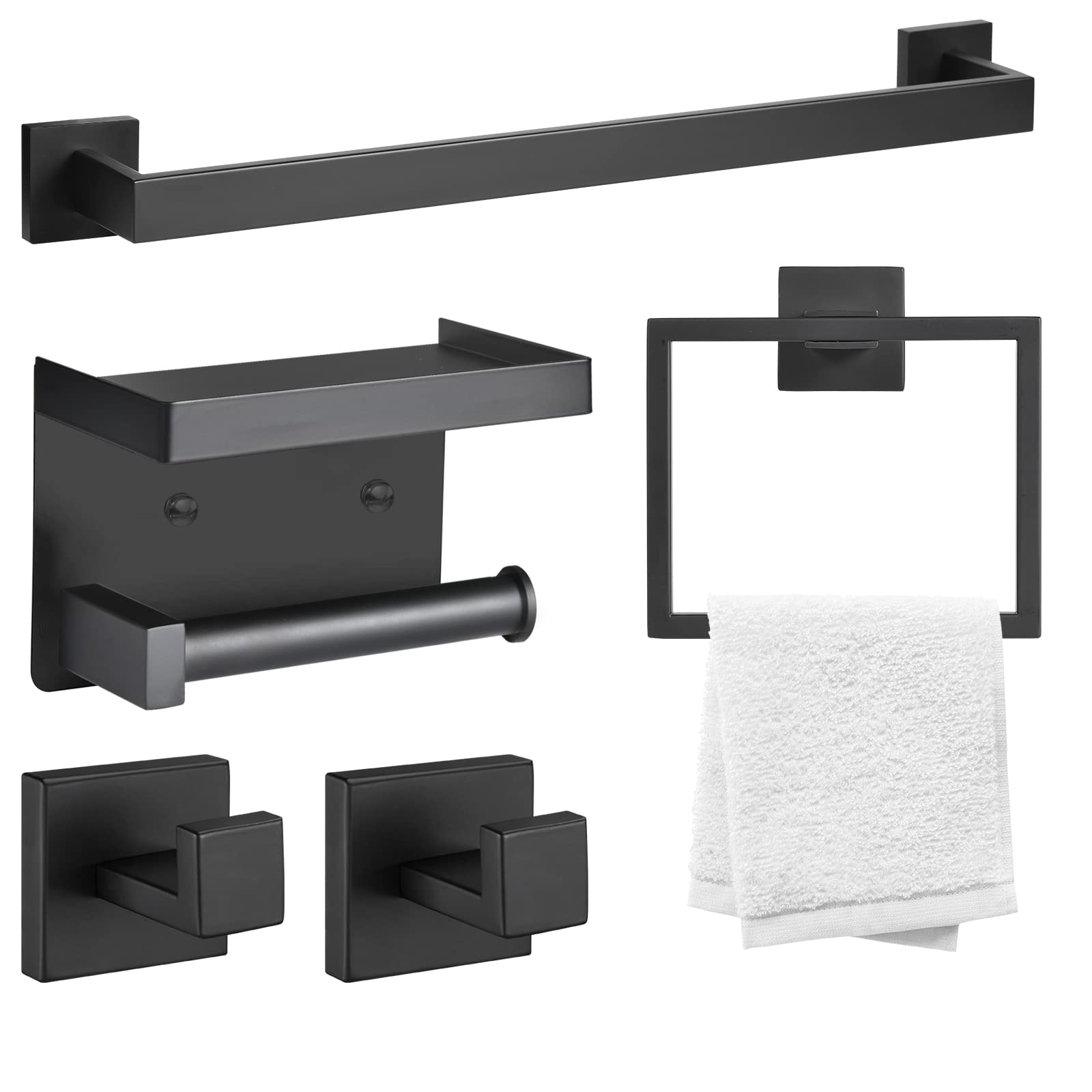 5-Piece Matte Black Bathroom Hardware Set - Stainless Steel Wall Mounted Towel Holder, Toilet Paper Holder, Towel Ring & 2 Robe Hooks - Modern Bathroom Accessories for Home & Hotel Use