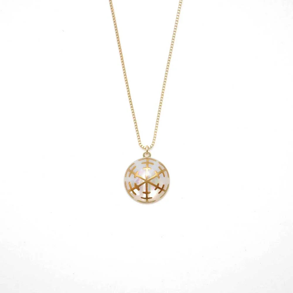 Handcrafted Japanese Maki-e Urushi Lacquer Pendant Necklace with White South Sea Pearl Shell & Snowflake Design - Traditional Asian Jewelry for Women, Gift for Her, Special Occasions & Cultural Events