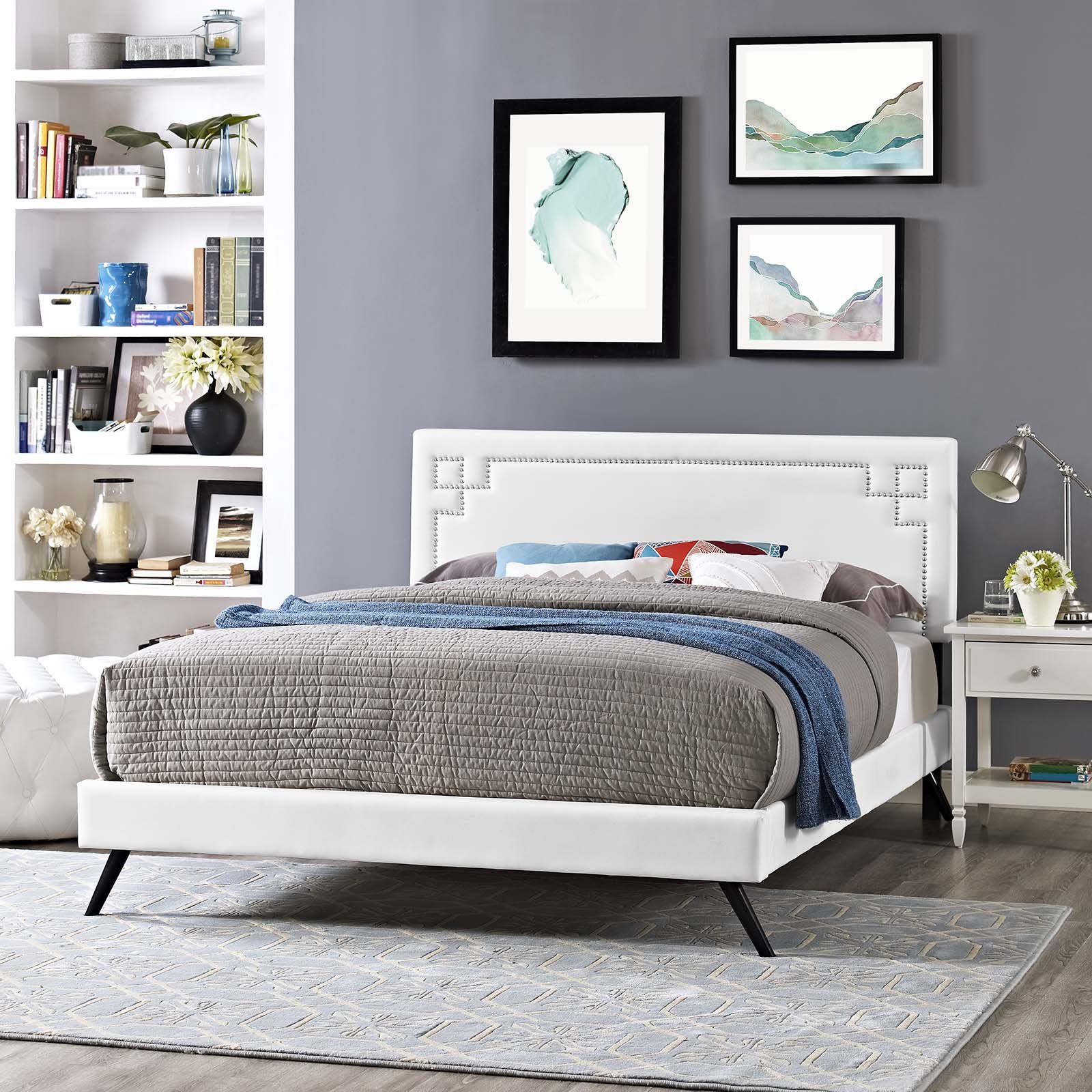 Modway Ruthie White Faux Leather Upholstered Full Size Platform Bed Frame with Splayed Legs - Modern Bedroom Furniture for Small Spaces & Guest Rooms