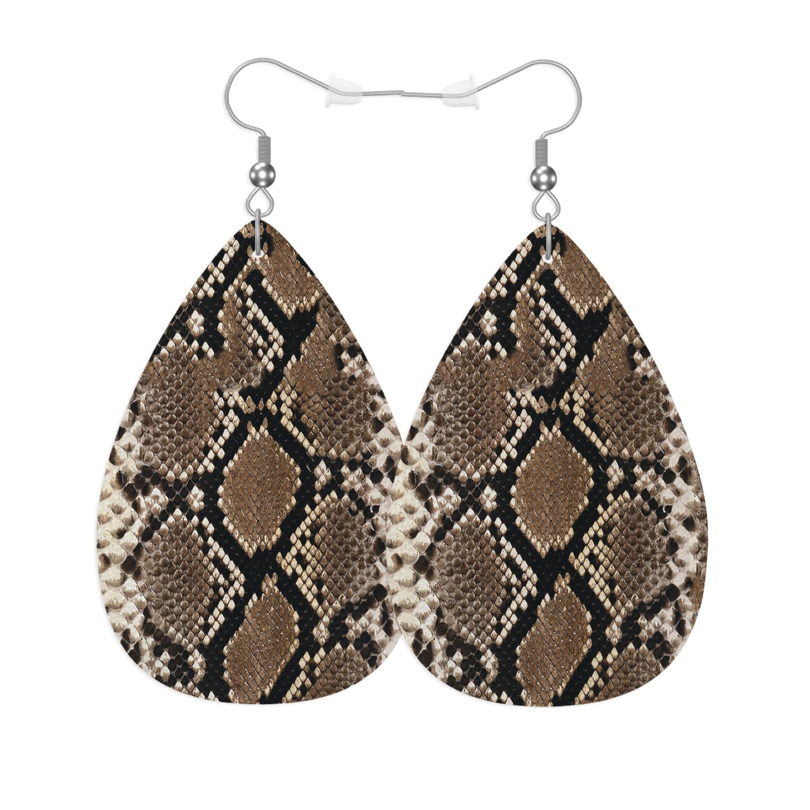 Snake Skin Leather Teardrop Hook Earrings for Women - Wild Brown Animal Print Dangle Earrings - Elegant Fashion Jewelry for Parties, Dating & Gift Giving