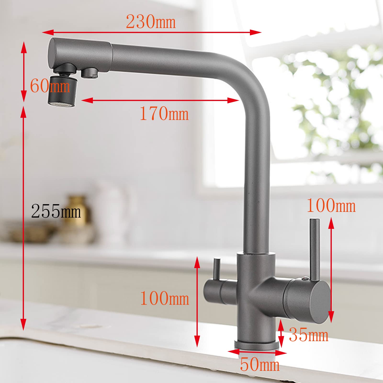 3-Way Kitchen Faucet with Pull-Down Sprayer - Grey Brushed Nickel Sink Faucet with Hot/Cold Water & Filtered Water - Perfect for Modern Kitchens, Bar Sinks & RV Use