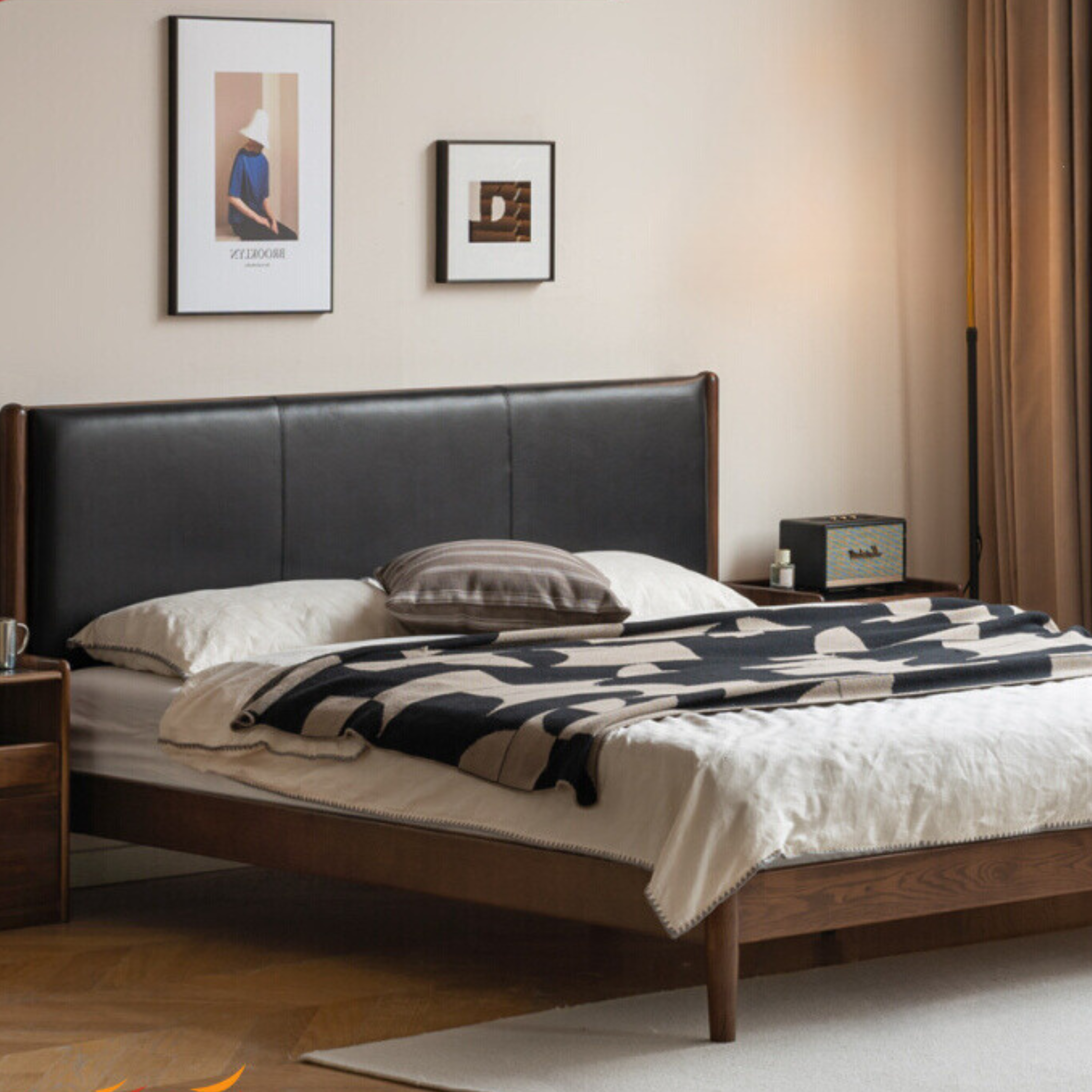 Italian Light Luxury Oak Solid Wood Leather Soft Bed - Elegant and Durable Bed Frame for Master Bedroom, Guest Room, or Modern Home Decor