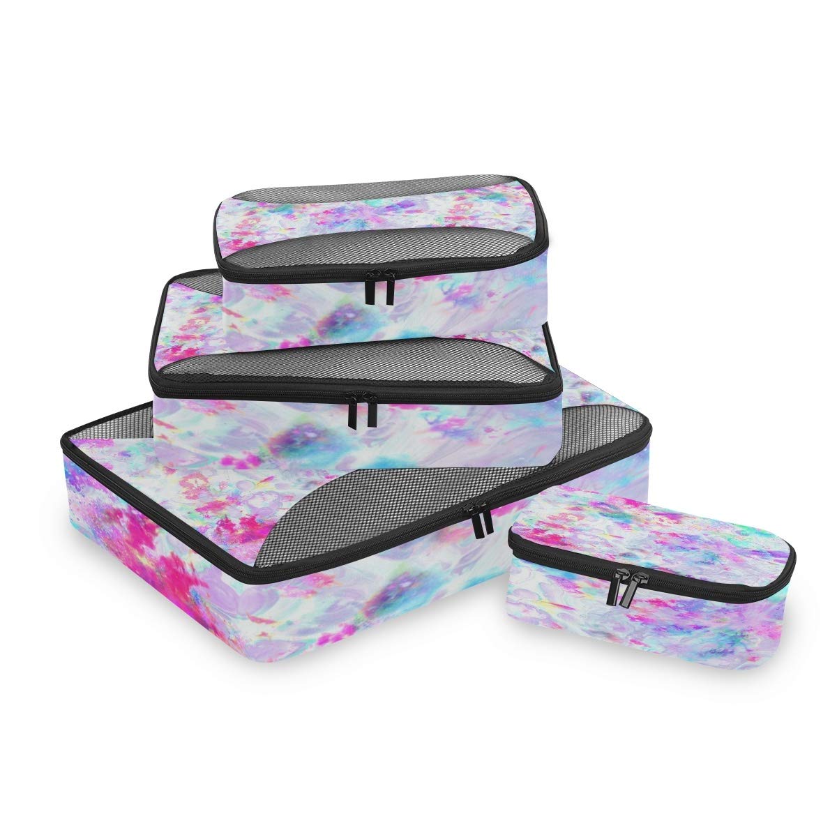 Abstract Tie Dye Rainbow Print Packing Cubes Set (4 PCS) - Compression Travel Organizer Bags for Suitcases & Luggage - Perfect for Vacation, Business Trips & Weekend Getaways