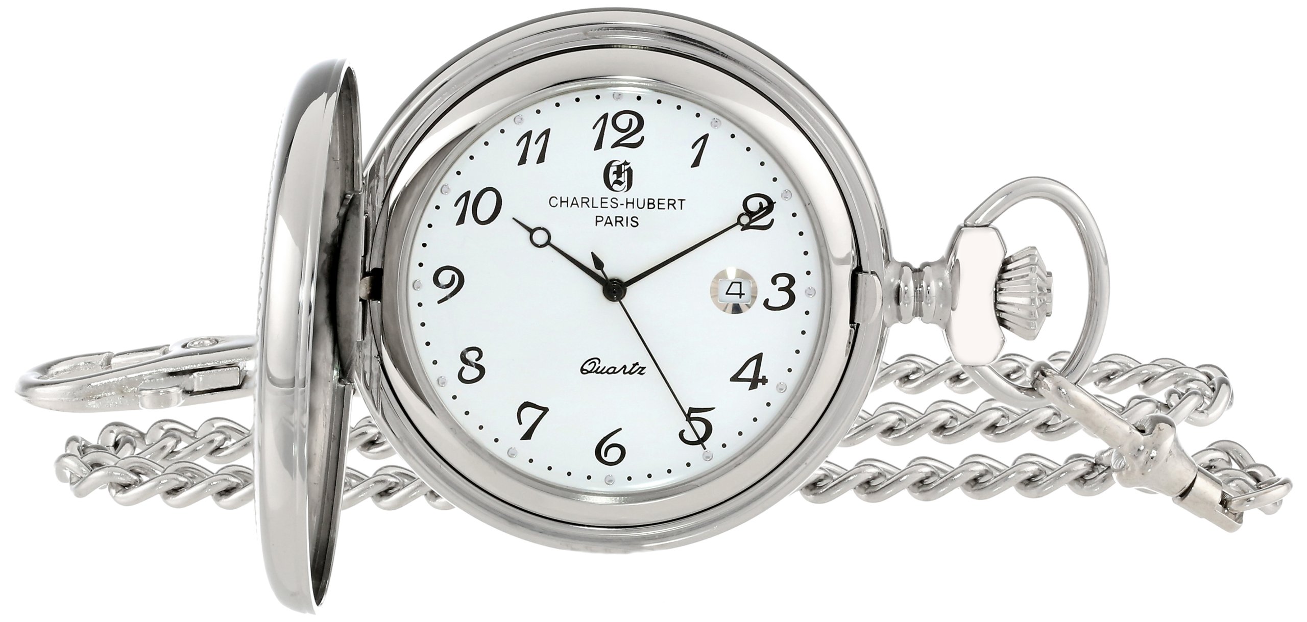 Charles-Hubert Paris Stainless Steel Quartz Pocket Watch - Classic Vintage Style for Men & Women - Perfect for Formal Events, Weddings, and Collectors