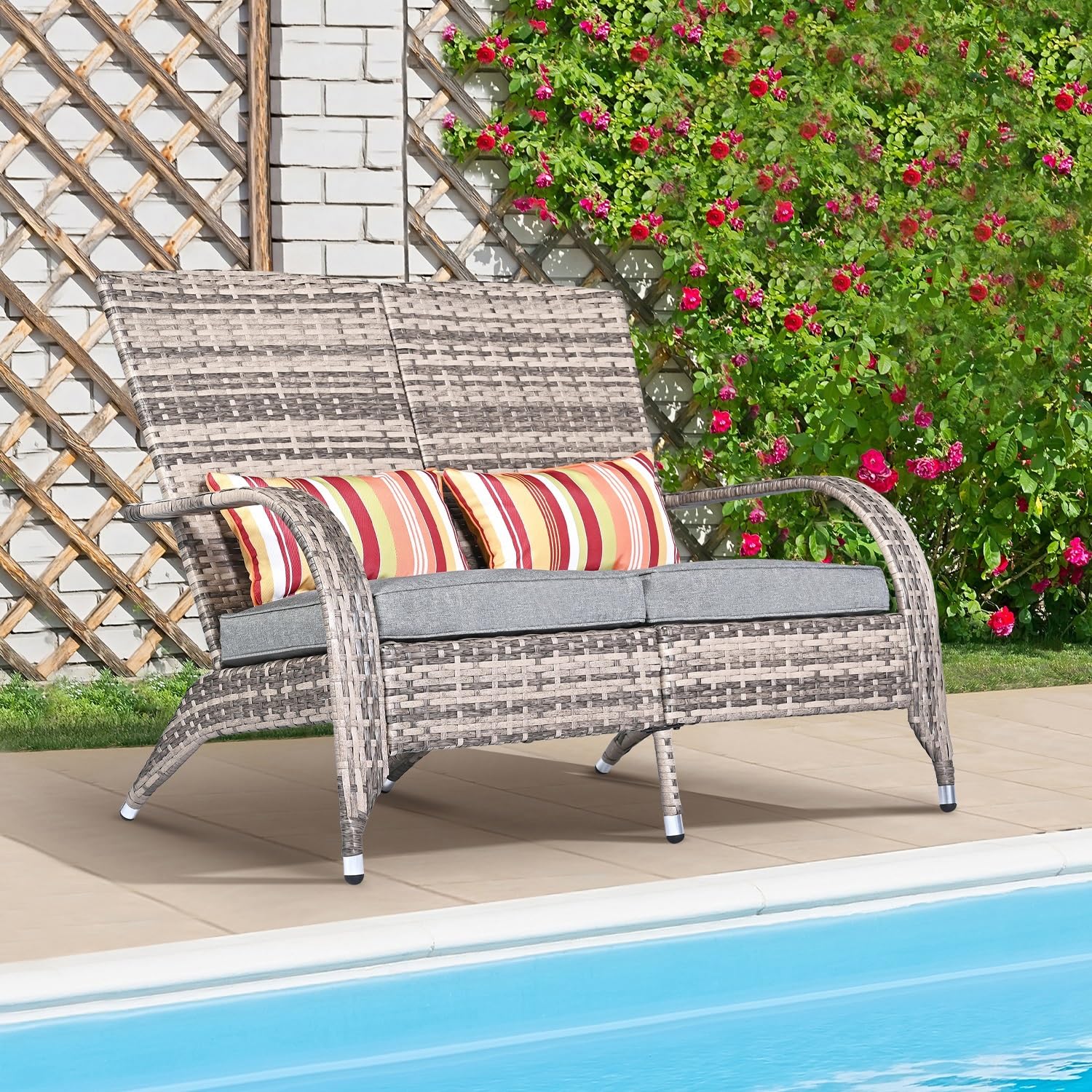 Outdoor Patio Wicker Loveseat Bench - Grey Rattan Double Adirondack Chairs with Cushions, Comfortable Deep Seating High Back Sofa for Deck, Balcony, Garden & Fire Pit Relaxation